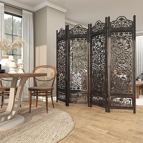Miniatura 8 de Deco 79 Divisor de ambientes de madera floral hecho a mano, pantalla plegable tallada para privacidad de 4 paneles, división de habitación 80 x 1 x
