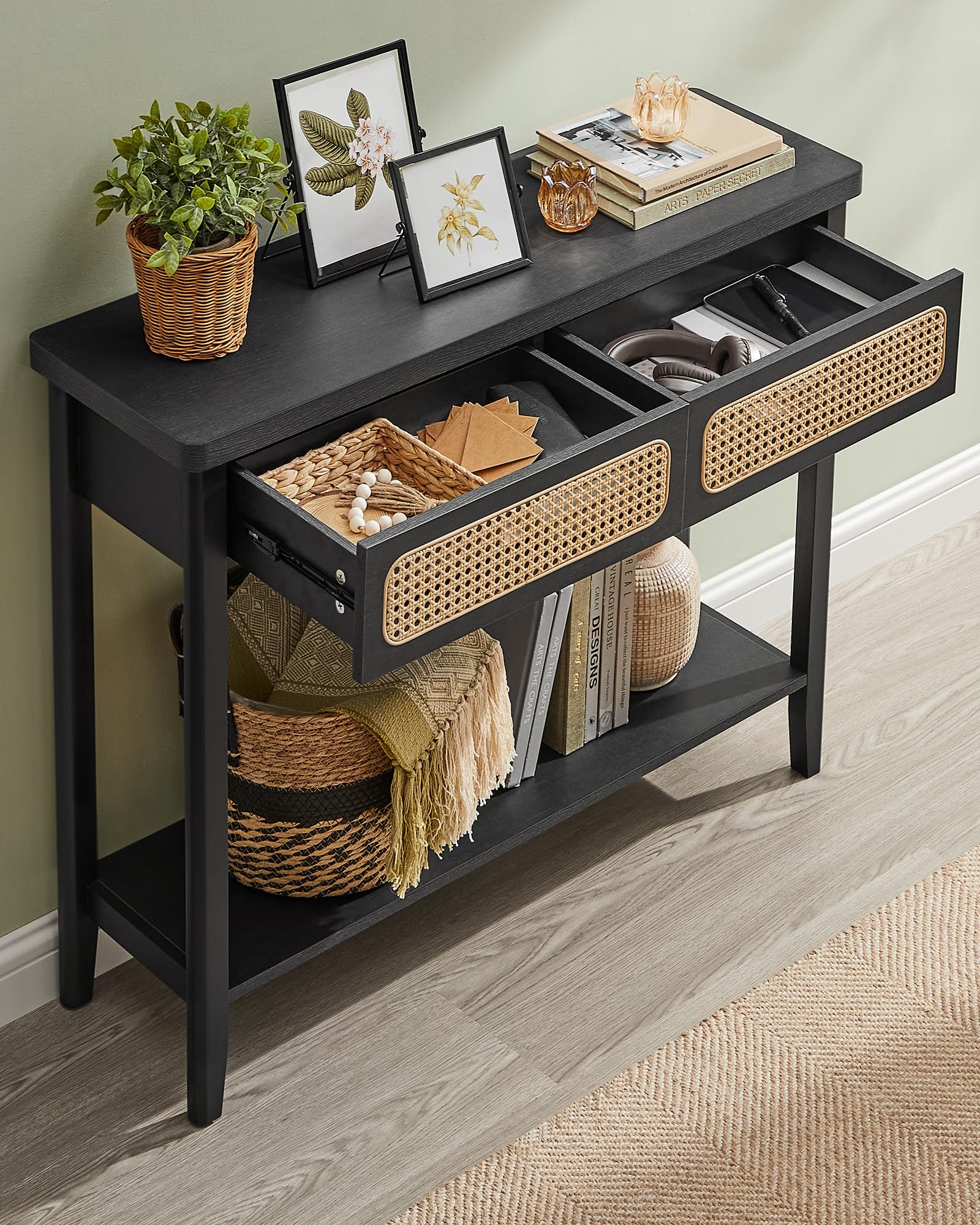 VASAGLE stolik konsolowy do przedpokoju, mebel przedpokojowy, wąski stolik sofa do salonu, z 2 szufladami, otwarta półka, zaokrąglone rogi, styl Boho, jesion czarny, LNT016B21