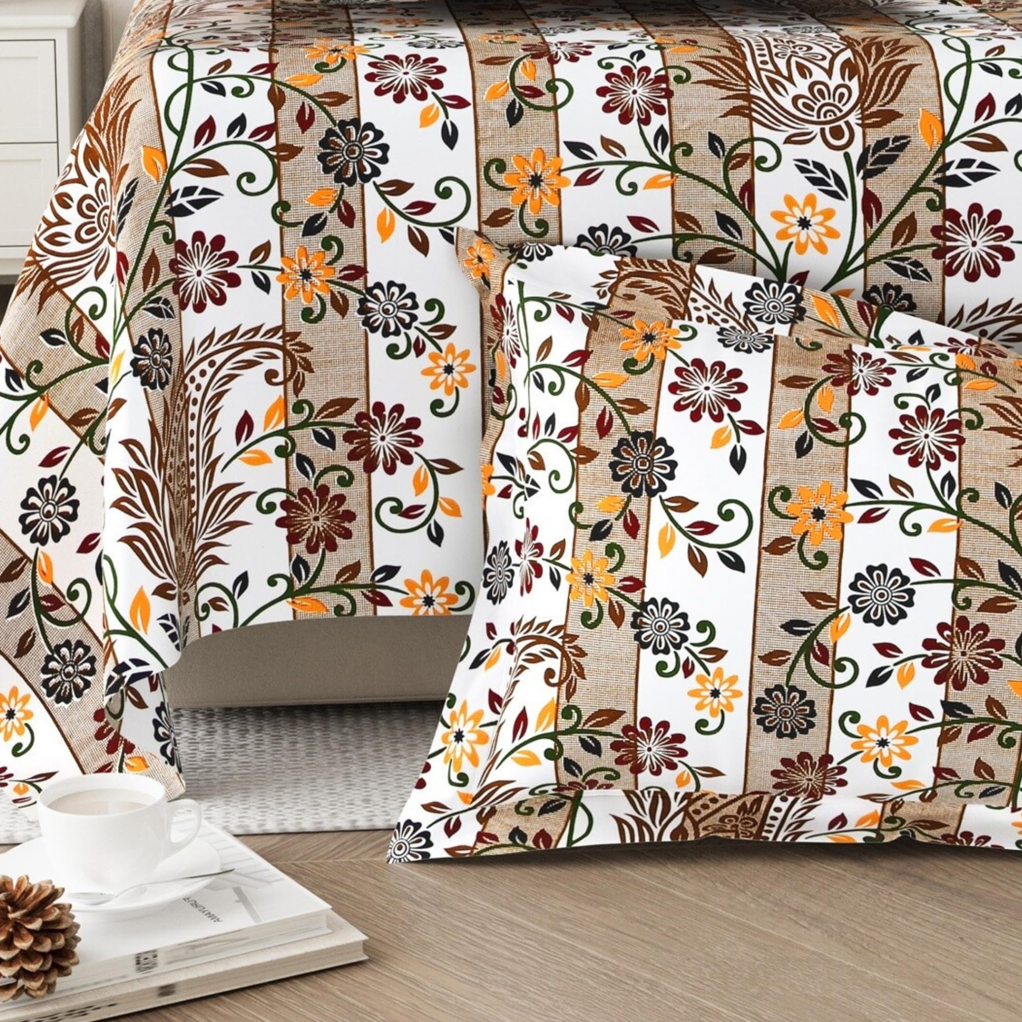 Homeful Style Daisy BedSheet for Single Bed |160 TC Micropeach Single Bed Sheet Size 60 X 90 inches with one Pillow Cover | Wrinkle Resistant, Shrink Resistant, Fade Resistant | Liitle Flowers, Brown