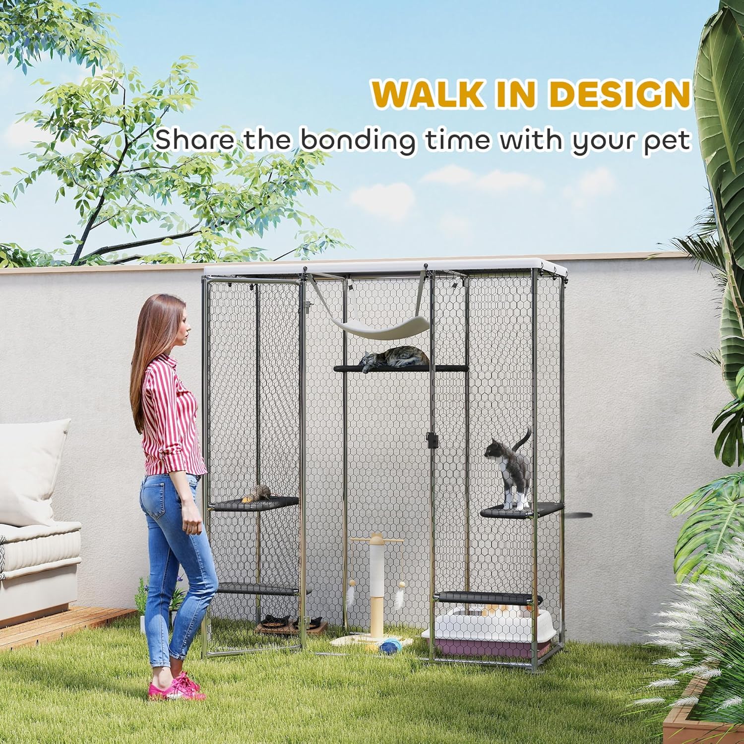 PawHut Large Catio Outdoor Cat Enclosure, Galvanized Steel Walk-in Cat Patio for Multiple Kittens, Outdoor Kitty Cage with Waterproof Cover, 5 Adjustable Platforms, Hammock, Chicken Coop Flat Roof