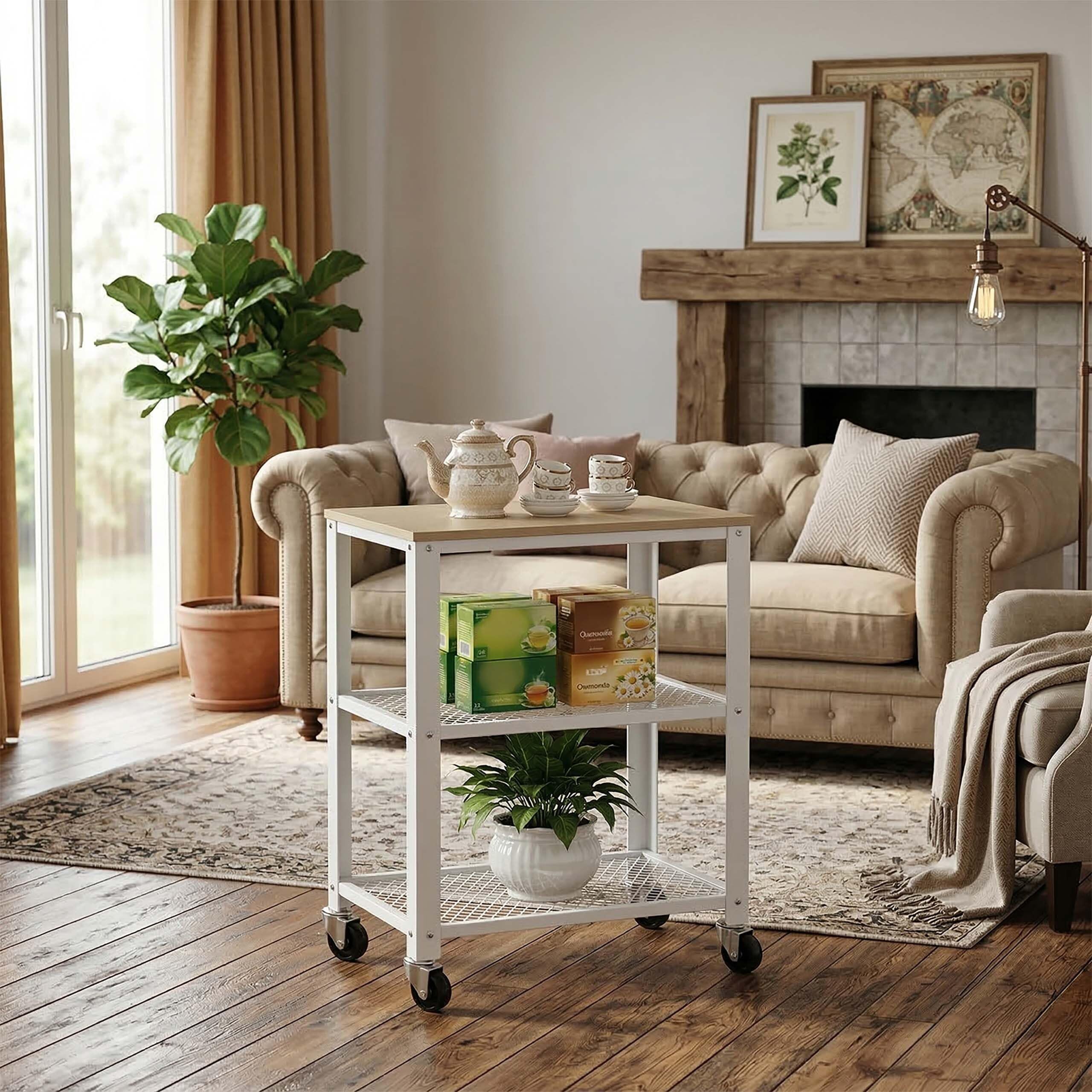 Relaxdays desserte Cuisine 3 Niveaux, Aspect Bois, roulante, Maison/Bureau, 77,5x60x40 cm, métal Brun Clair-Blanc