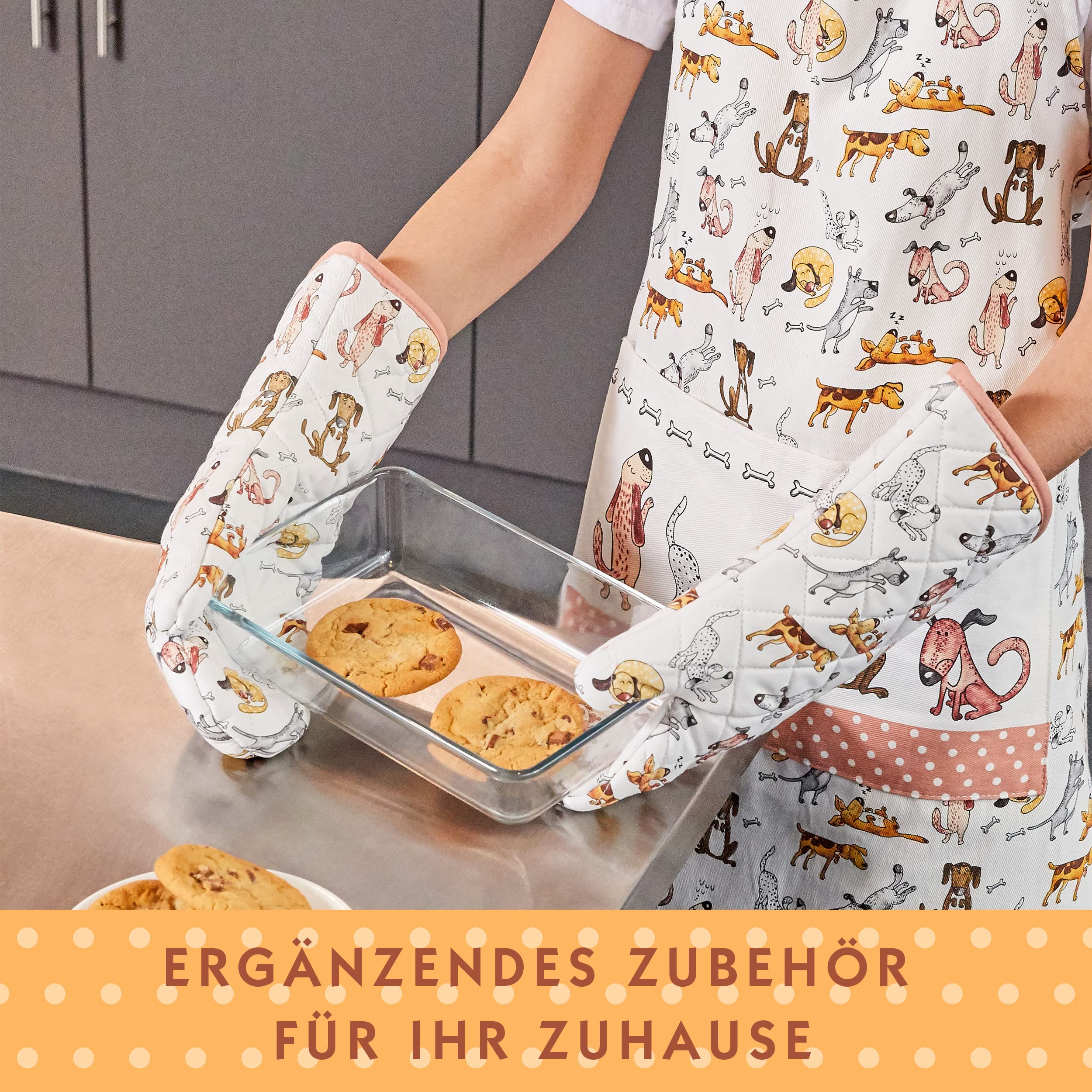 SPOTTED DOG GIFT COMPANY - Backhandschuhe Hitzebestaendig, Topfhandschuhe Ofenhandschuhe Lang mit Lustige Hund Motiv, Geschenk für Frauen Damen und Männer