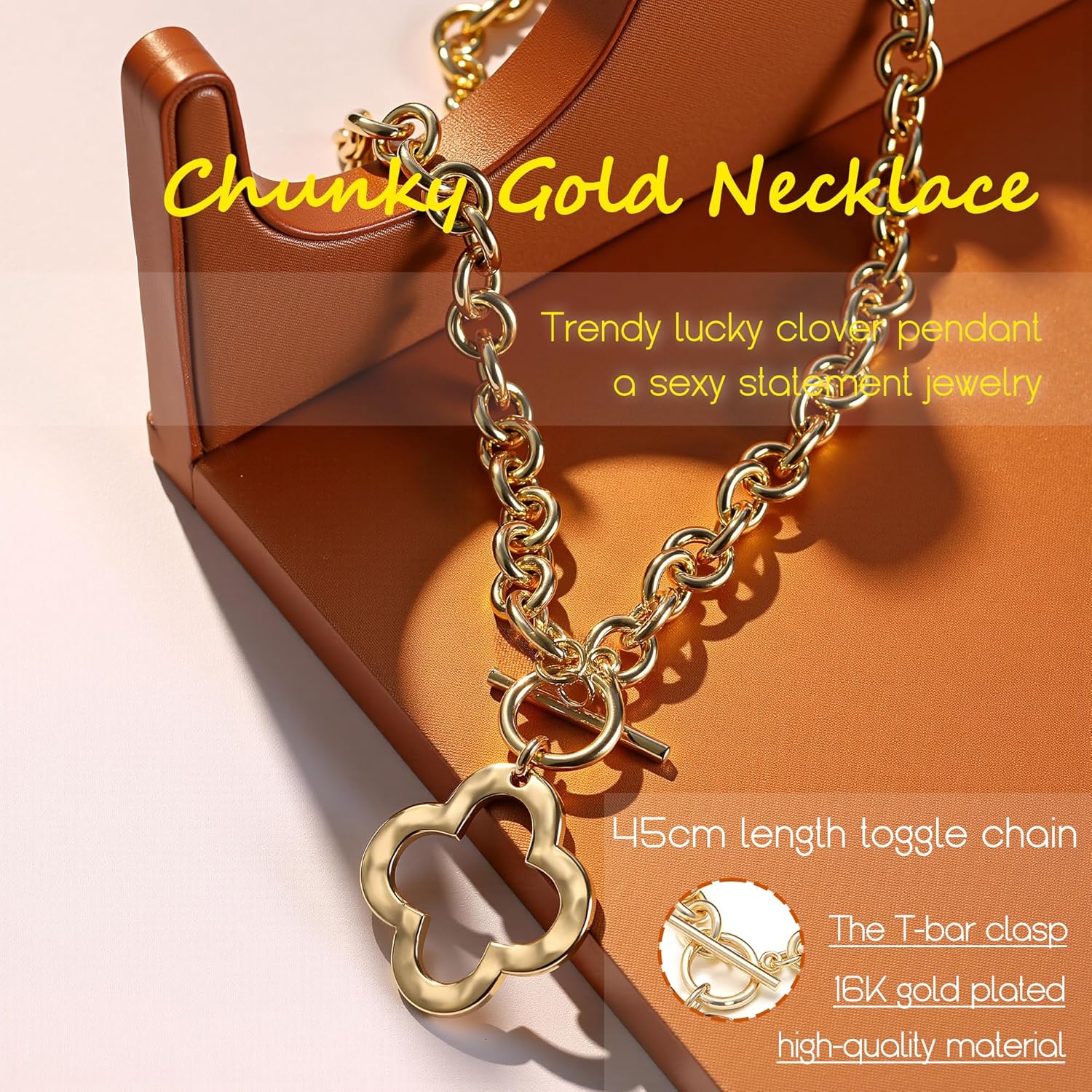 Krfy Valentines Day Gifts for Women Hers Gold Chunky Heart Necklace for Women, Hammered Cross Necklace for Women Non Tarnish, Dainty Toggle Necklaces Paperclip Chains Jewelry 45cm - Image 2