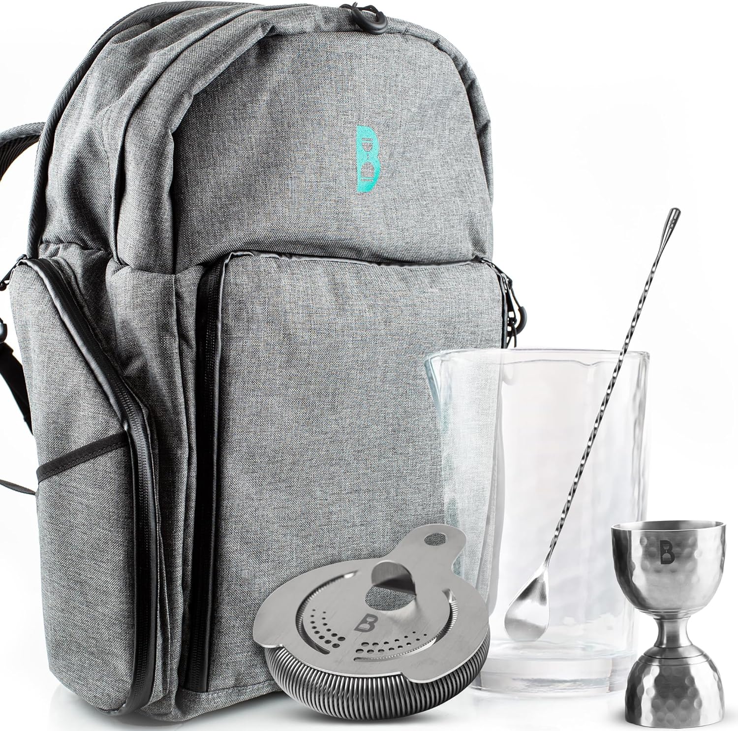 Bull in China Premium Cocktail Stirred Kit + Bartender Backpack | Flagship Mixing Glass, 12 inch Teardrop Barspoon, 100% Brass Hammered Bell Jigger & Hawthorne Strainer