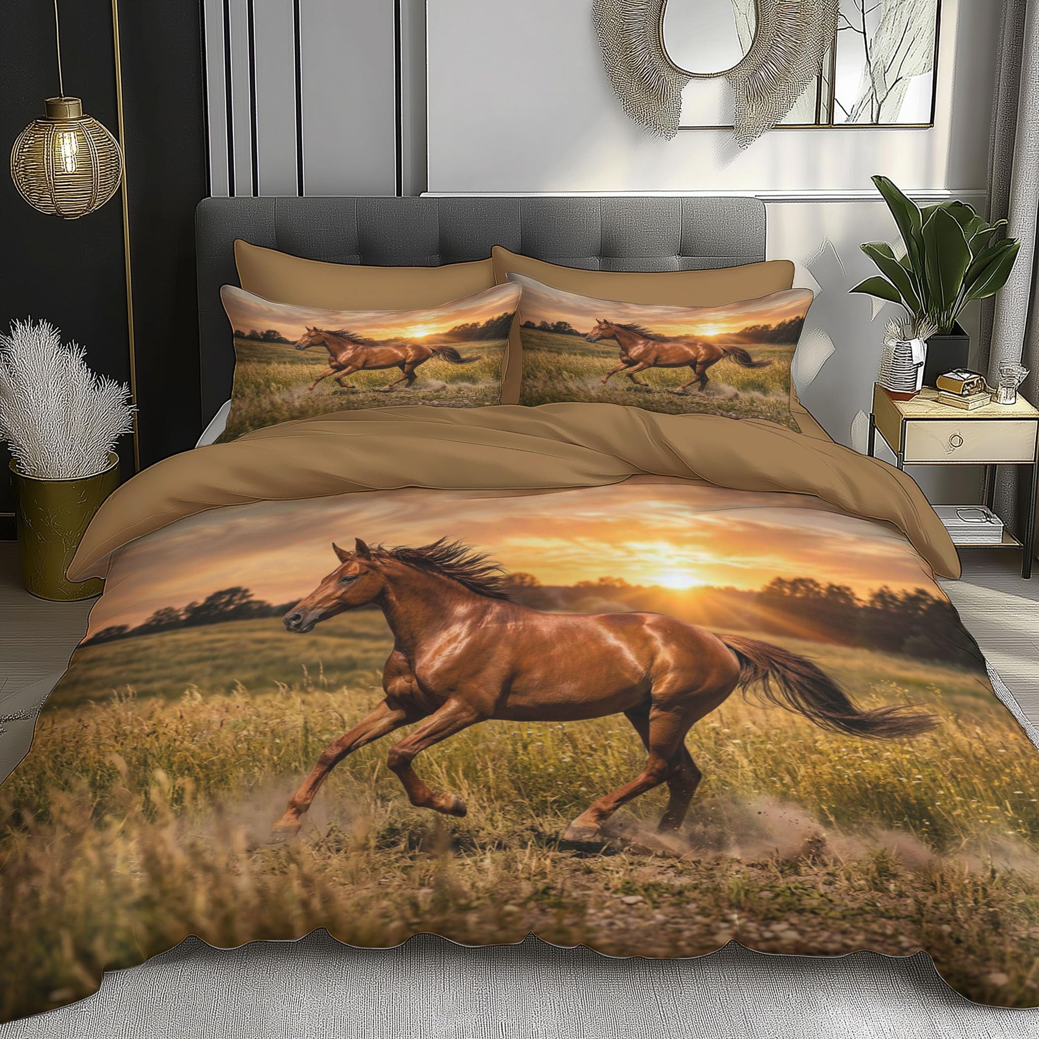 Housse de couette 200x200cm chevaux running, parure de lit esprit liberté et nature sauvage adulte