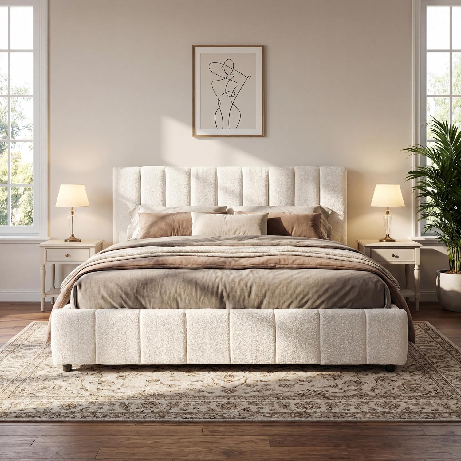 Merax Boucle Upholstered King Bed Frame with 42.7" High Headboard & 3.9" Thick, Vertical Stripe Tufting Design, Modern King Size Platform Bed, Solid Wood Support Leg, Bear 700Lbs, Off White
