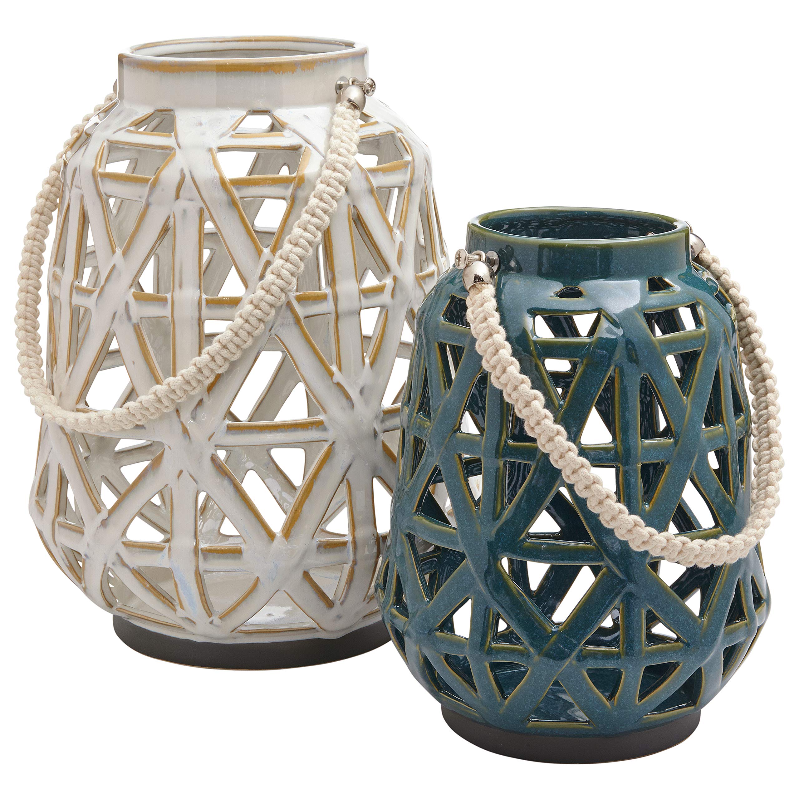 Amazon Brand – Stone & Beam Modern Farmhouse Decorative Candle Holder Lantern with Cutouts - Set of 2, Cream and Blue
