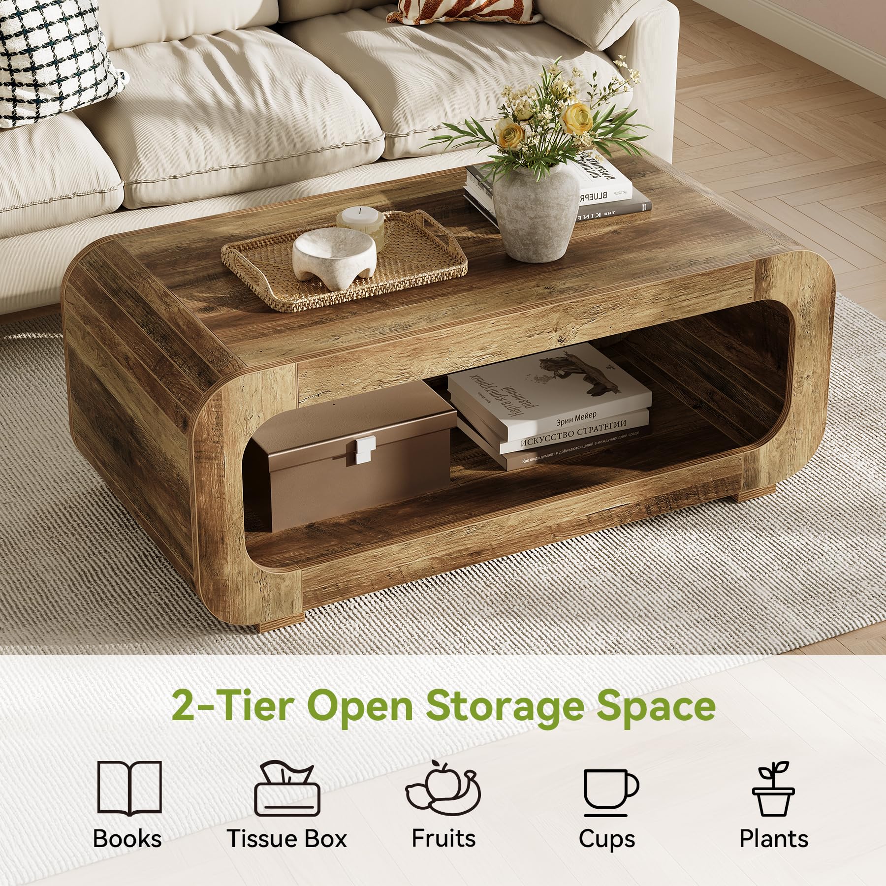 Tribesigns Couchtisch 120 cm mit offenem Stauraum, Rechteckiger Holz Wohnzimmertisch, Sofatisch mit 2 Ablagen, Kleiner Beistelltisch für Homeoffice, Wohnzimmer, Rustikal Braun