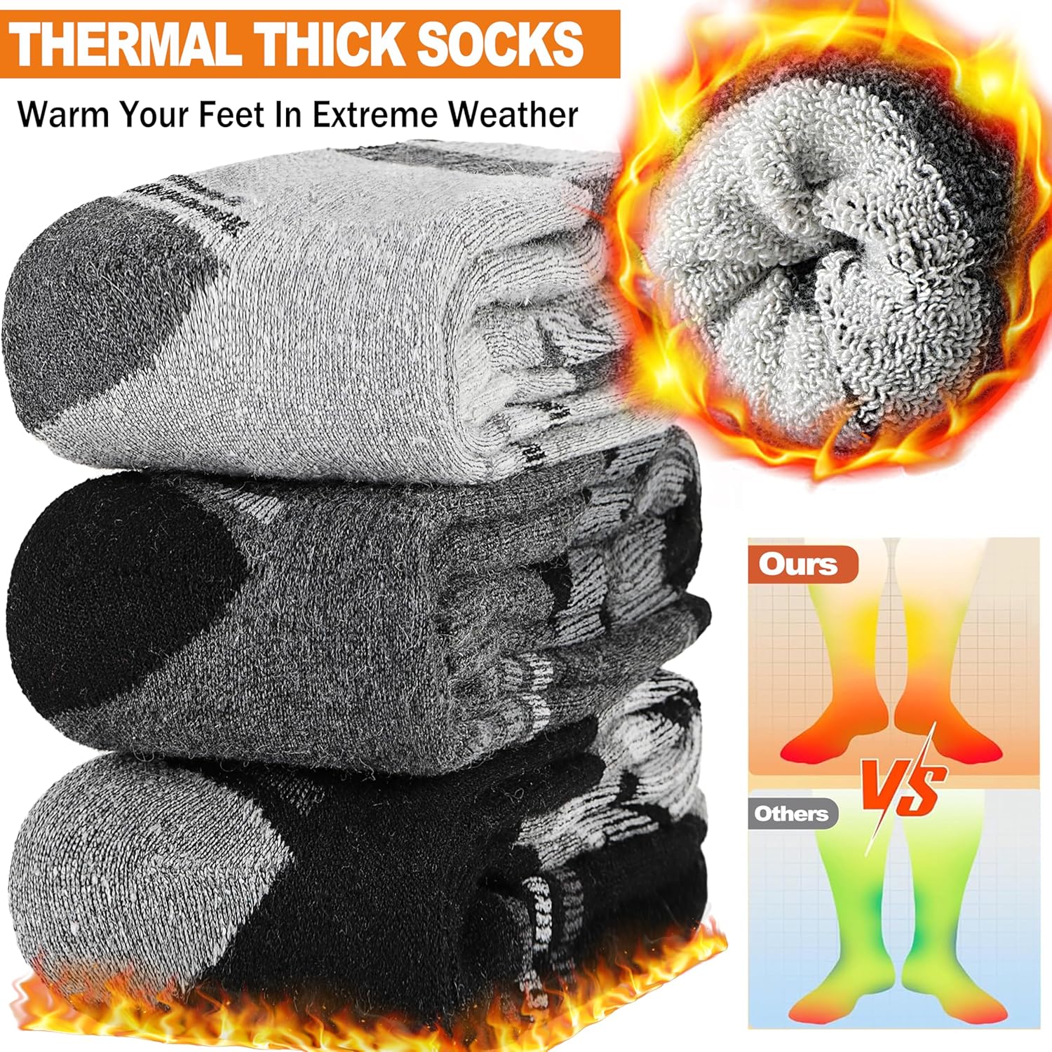 3 Pairs Merino Wool Ski Socks for Womens Mens Thermal Winter Warm Thick Knee High Socks for Skiing Snowboarding - Image 2