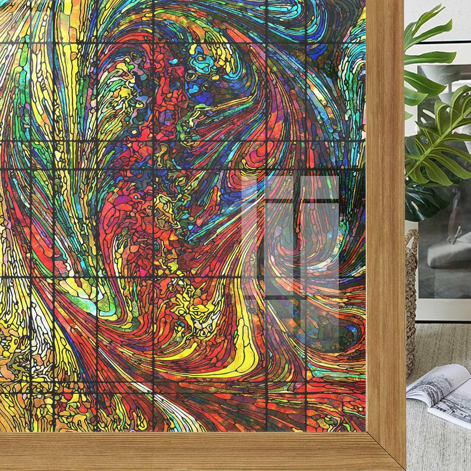 Stained Glass UV Blocking Window Film Watercolor Abstract Colorful Vintage Removable Window Film Sticker for Home Decorative