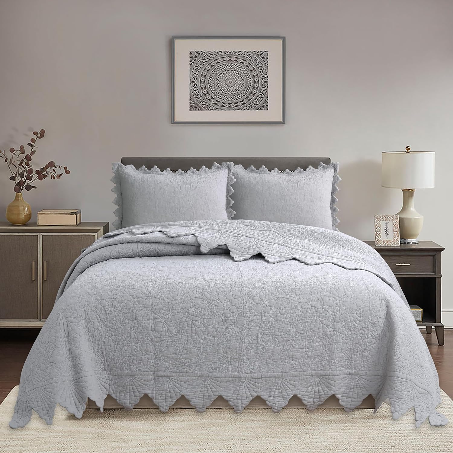 3-Pieces Embroidered Cotton Oversize Bedspread Lightweight Quilt Coverlet Sets,Soft and Non Shrinking, with Decorative Border, no Pillow core (Gray, Super King)