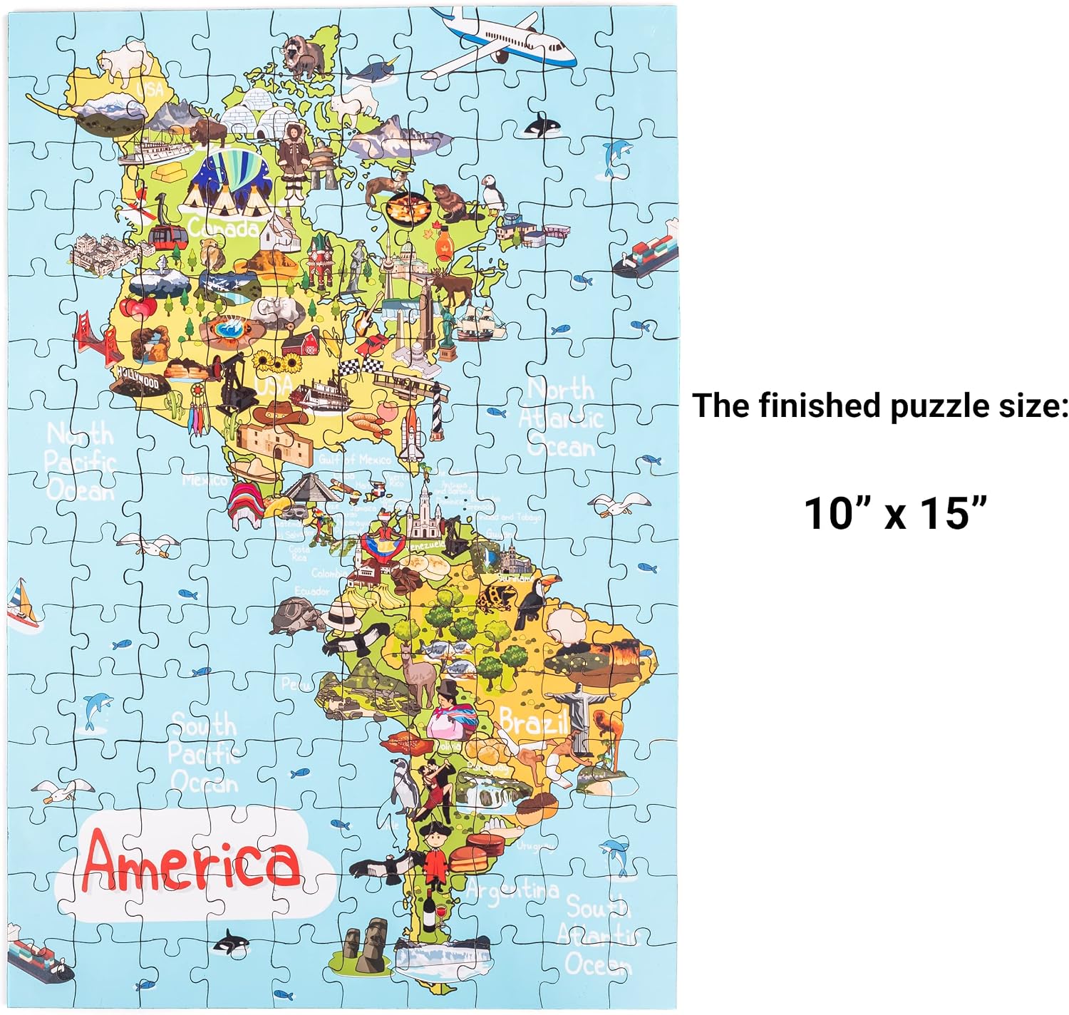 America Map Wooden Jigsaw Puzzle 152 Piece, 10x15 inches