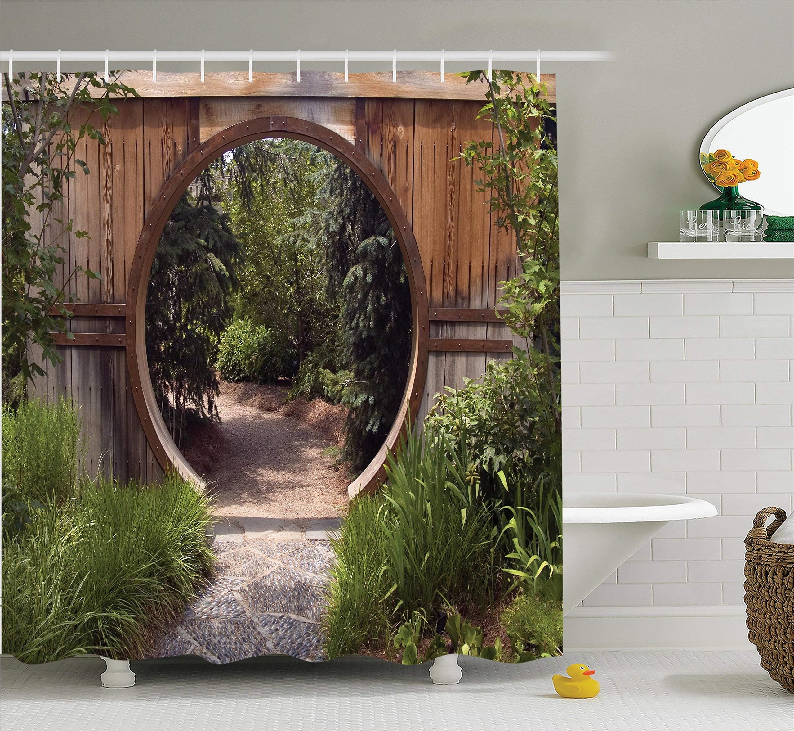Japanese Decor Collection Authentic Circle Rustic Doorway Gate Opening to National Park Sublime Habitat Image Polyester Fabric Bathroom Shower Curtain Long Green Brown 183 * 183CM