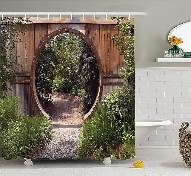 N/ Japanese Decor Collection Authentic Circle Rustic Doorway Gate Opening to National Park Sublime Habitat Image Polyester Fabric Bathroom Shower Curtain Long Green Brown 183 * 183CM