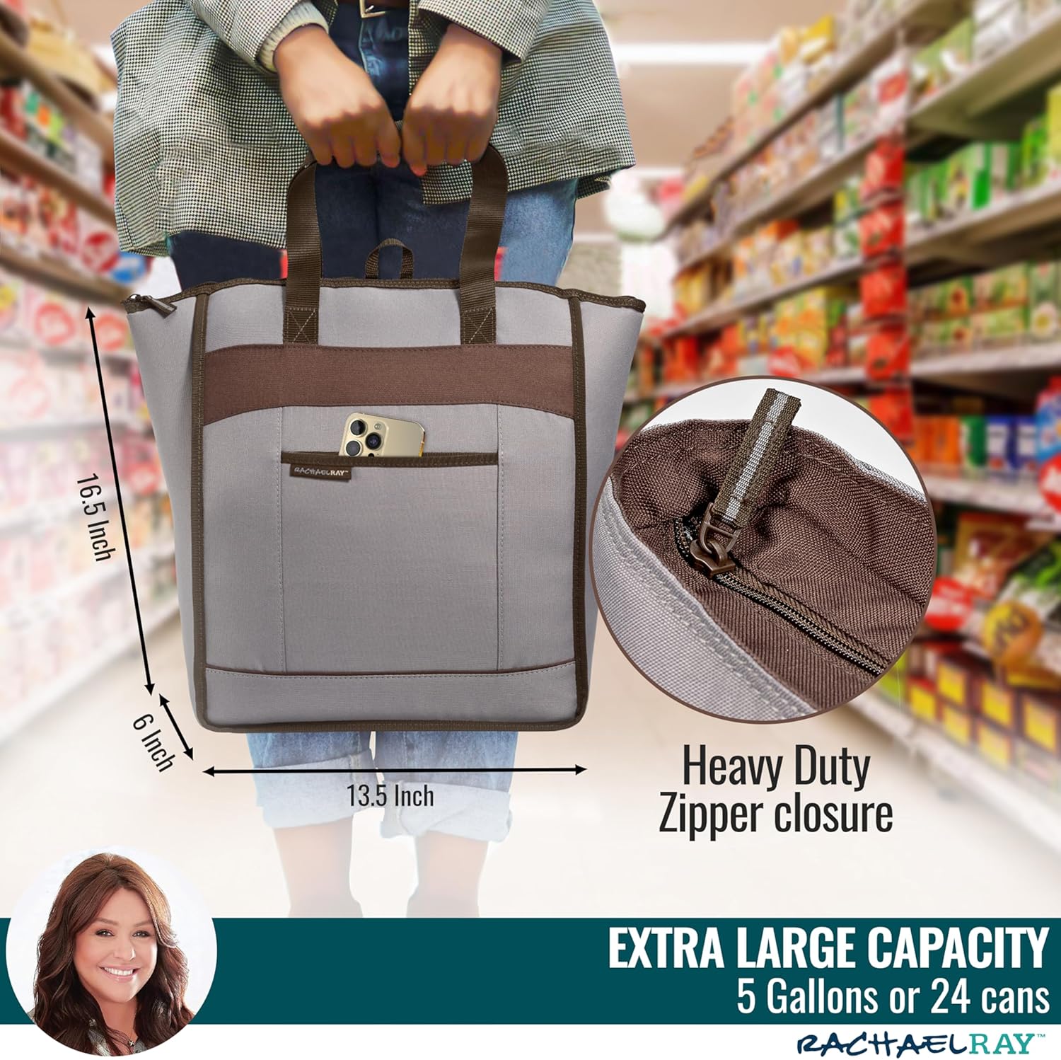 Rachael Ray Chillout Soft Cooler Bag, Large Reusable Insulated Grocery Bag with Zippered Top, Travel Tote for Hot or Cold Food, Grocery Tote Bag - Image 4