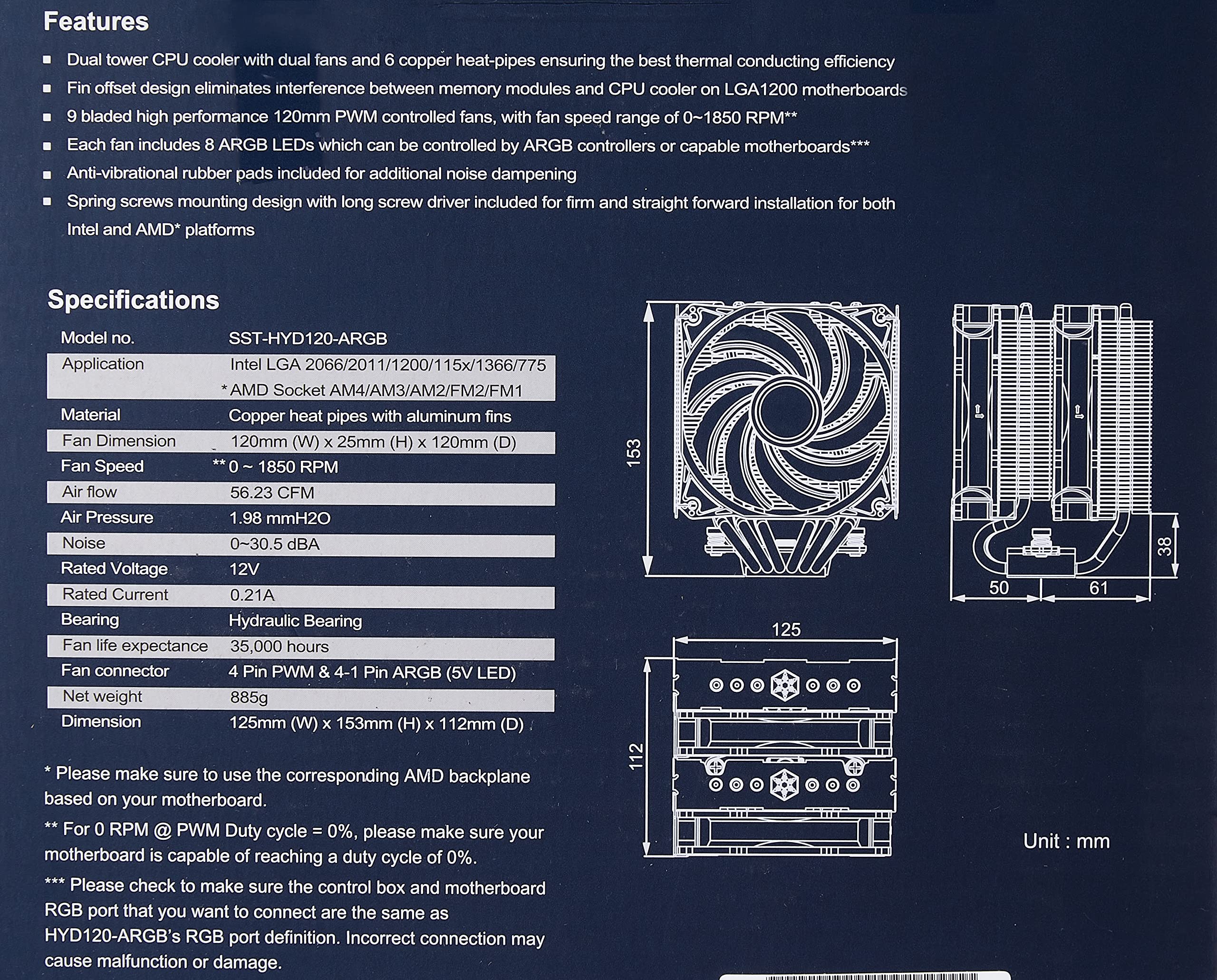 SilverStone Hydrogon D120 ARGB, chłodziarka procesora Dual Tower z 6 rurami grzewczymi i dwoma wentylatorami ARGB 120 mm, PWM, Intel LGA 1700, AMD AM4, SST-HYD120-ARGB
