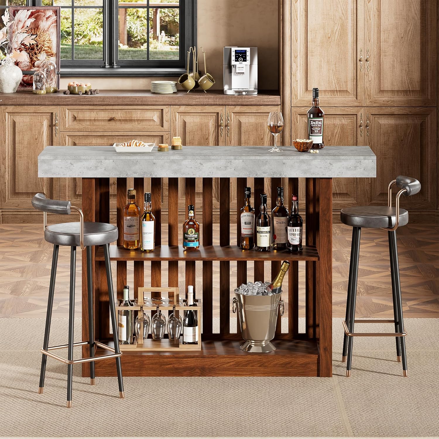 GarveeHome 63" Long Bar Table - Counter Bar Height Pub Table with 2 Tier Storage Shelves, Modern Coffee Breakfast Bar Unit for Dining Room, Bistro, Living Room, Gray + Walnut