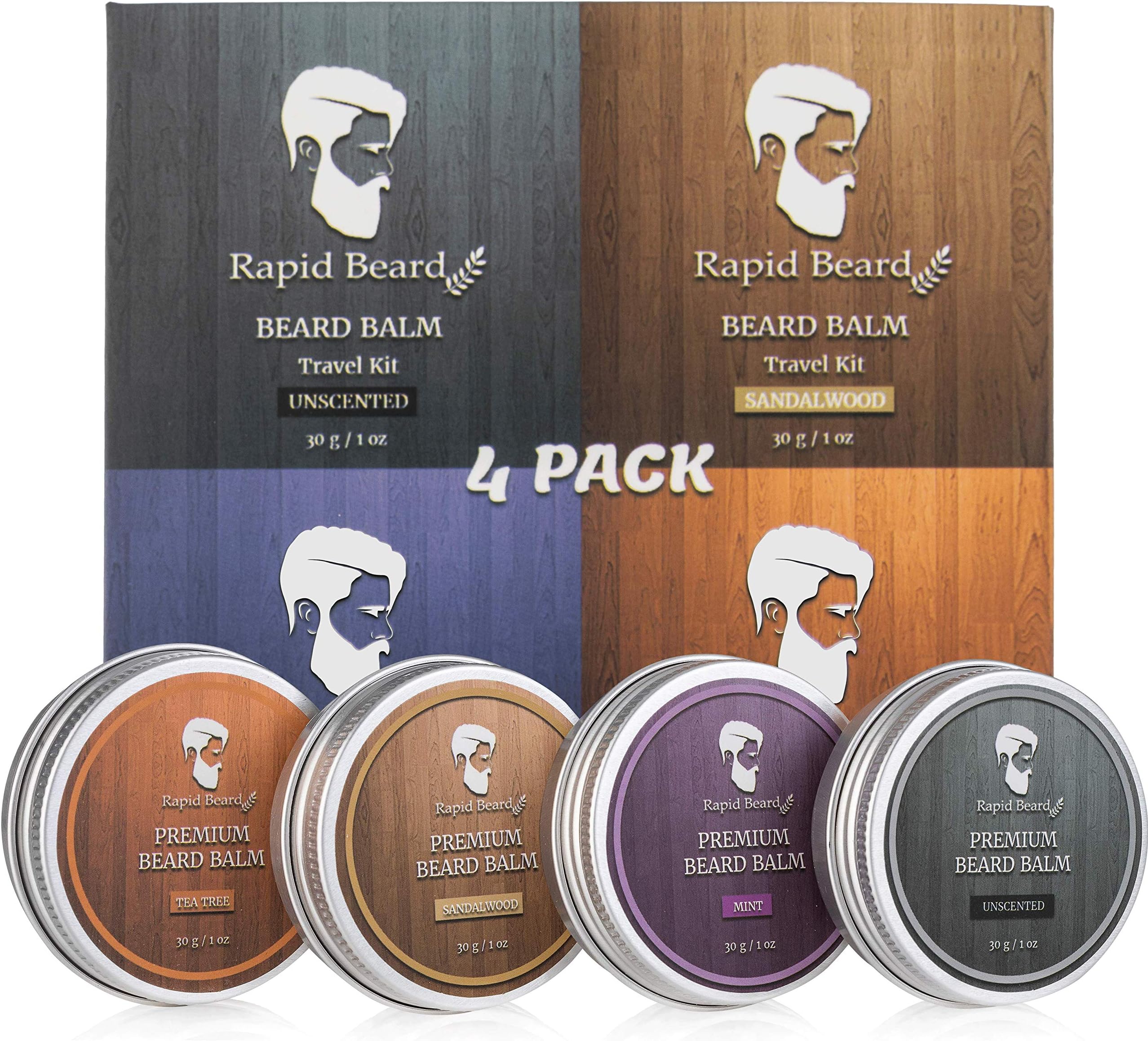 Beard Balm Conditioner 4 Pack - Natural Variety Leave-in Conditioner Wax Butter Gift Set for Men - Unscented Fragrance Free, Sandalwood, Tea Tree & Mint - Styles, Strengthens, Softens Mustache kit