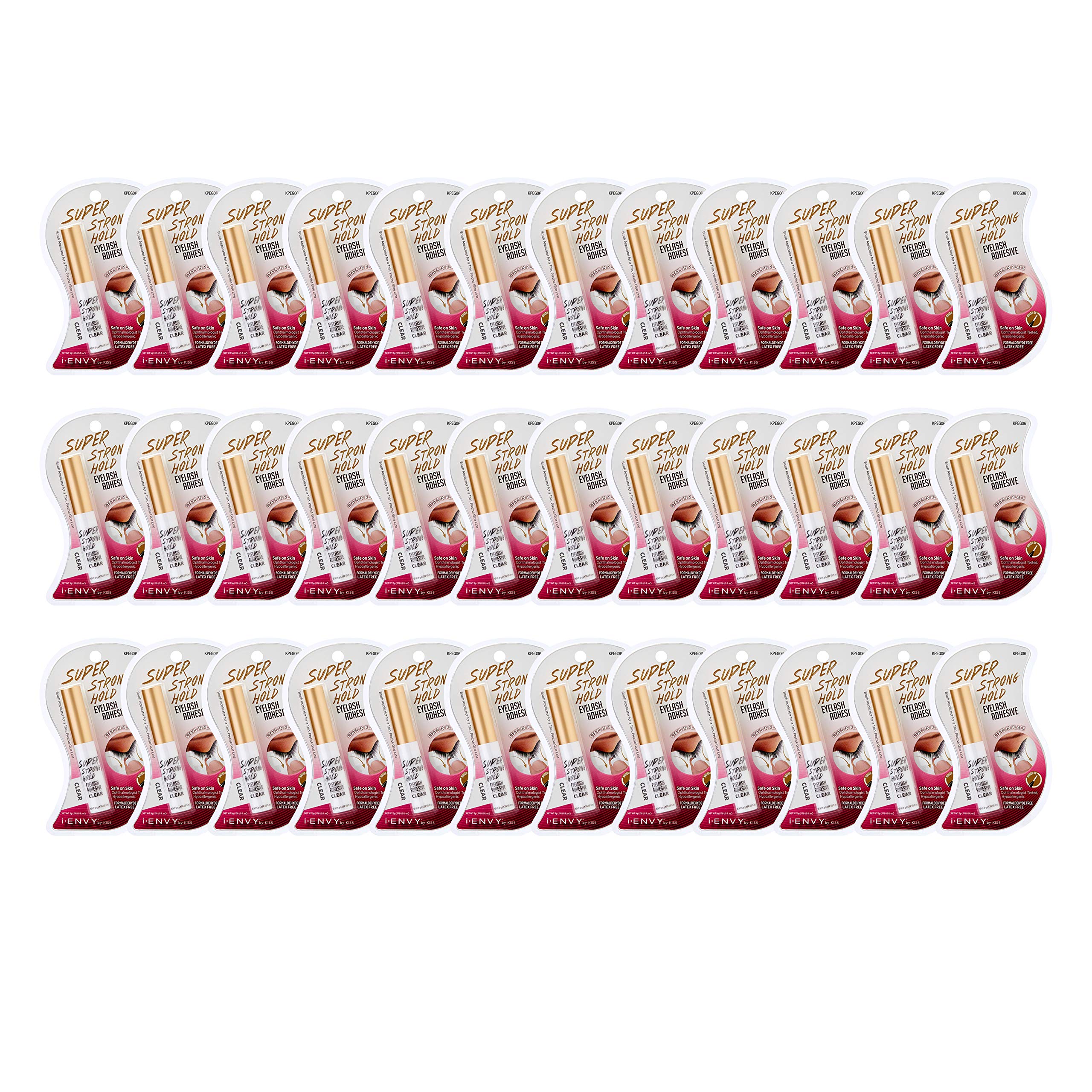 i•ENVY Super Strong Hold Eyelash Adhesive, Waterproof, 48-Hour Long-Lasting Lash Glue, Latex-Free, Hypoallergenic, Quick-Drying with Brush-On Applicator for Strip Lashes (Clear, 36 Pack)