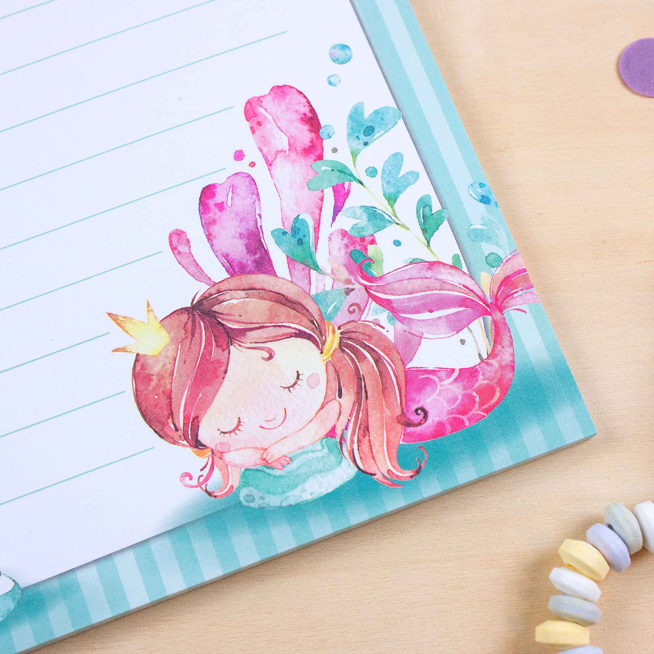 Papierdrachen Set di Blocchi per Lettere - 50 fogli colorati stampati - Carta da lettere con adesivi - 20 buste - Idea regalo per bambini Sirena