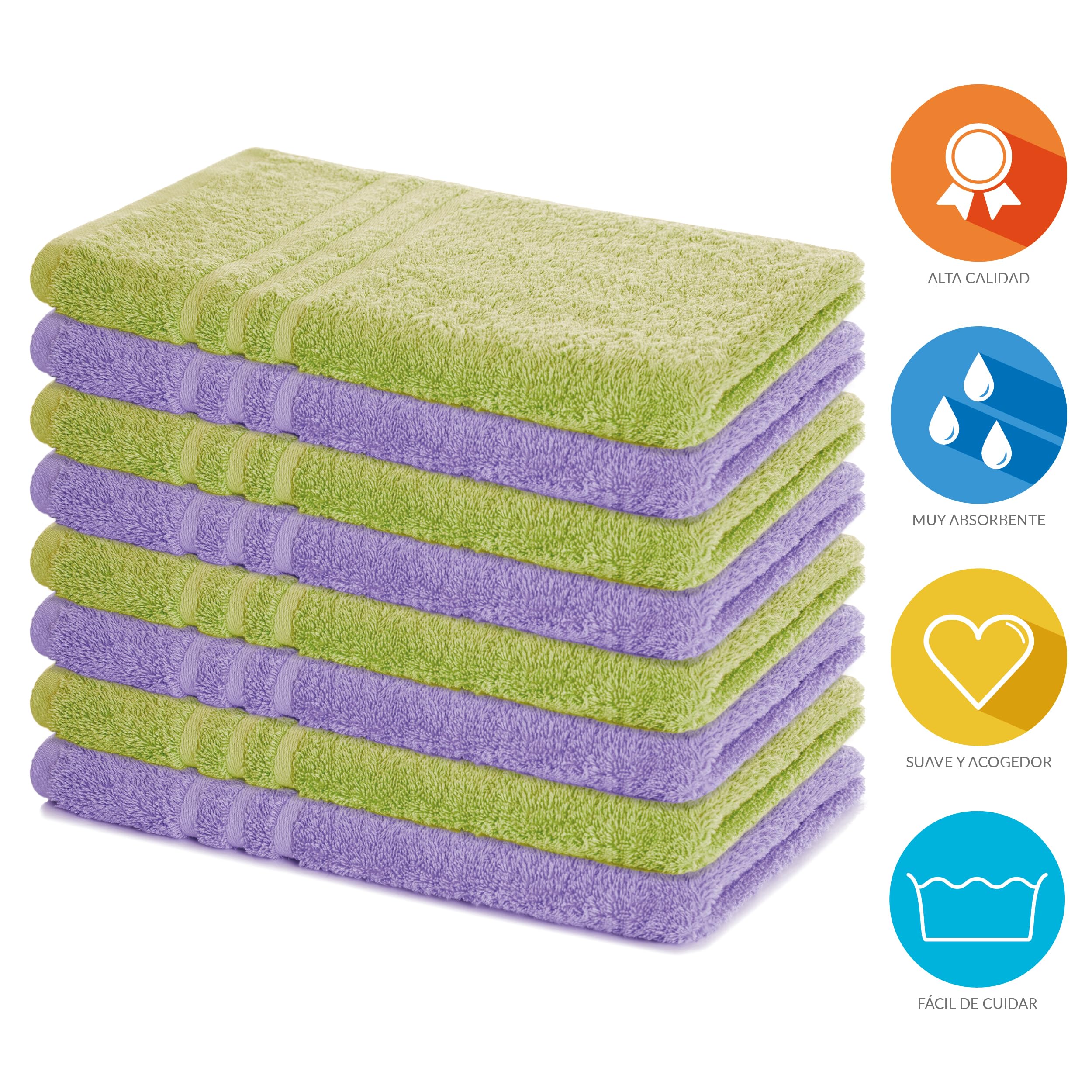 Lavea® Juego de 8 Toallas de Baño 50x100 cm en Rizo 100% Algodón – Suaves y Absorbentes – Toallas de Mano y Toallas Lavabo Ideales para Hogar, Hotel y SPA – Verde Claro y Lavanda