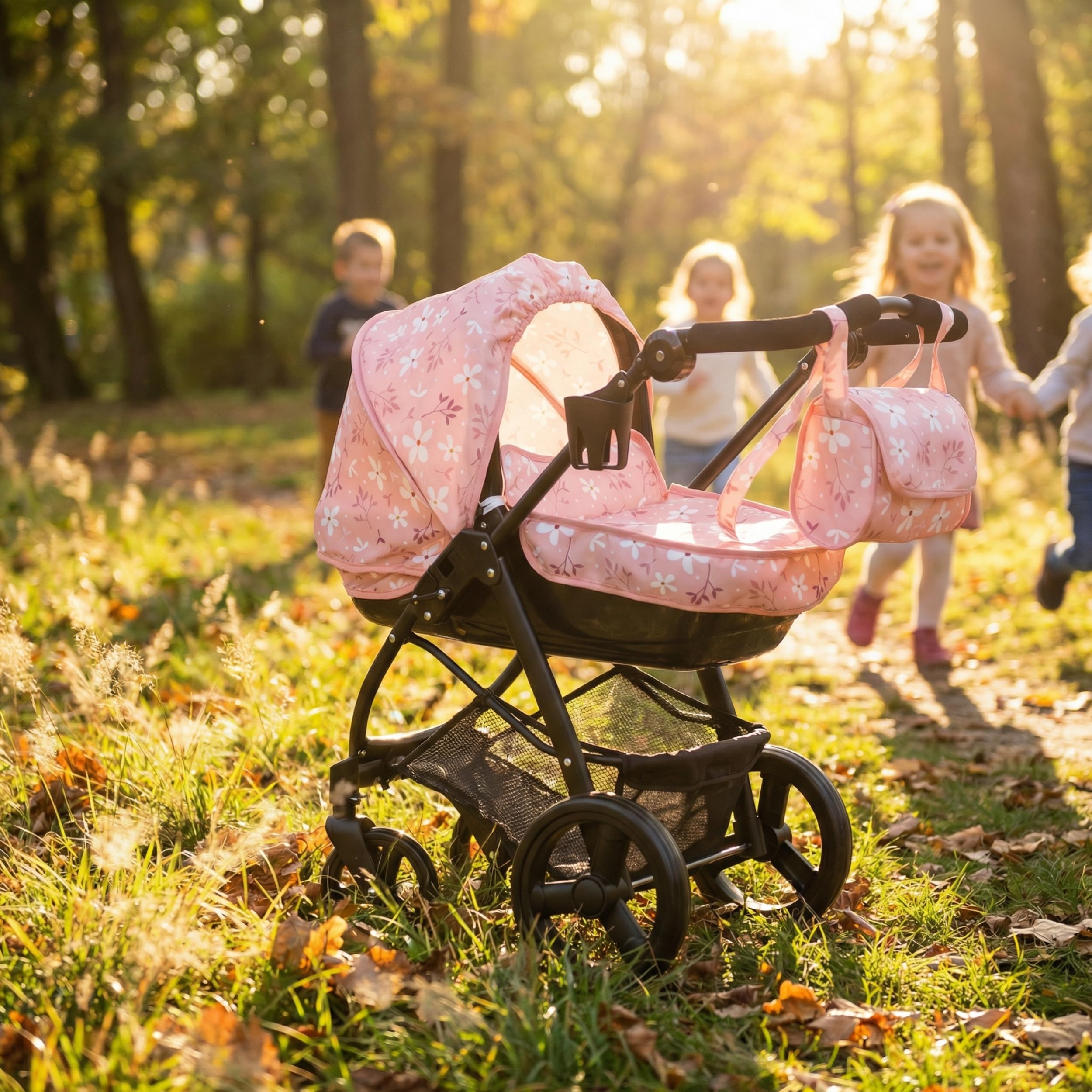 MOLTO – 2-in-1-Puppenwagen Bella mit Abnehmbarer Babywanne und verstellbarem Schiebegriff, Spielzeugwagen mit Verdeck, Wickeltasche und Korb, für Puppen bis 53 cm, ab 3 Jahren