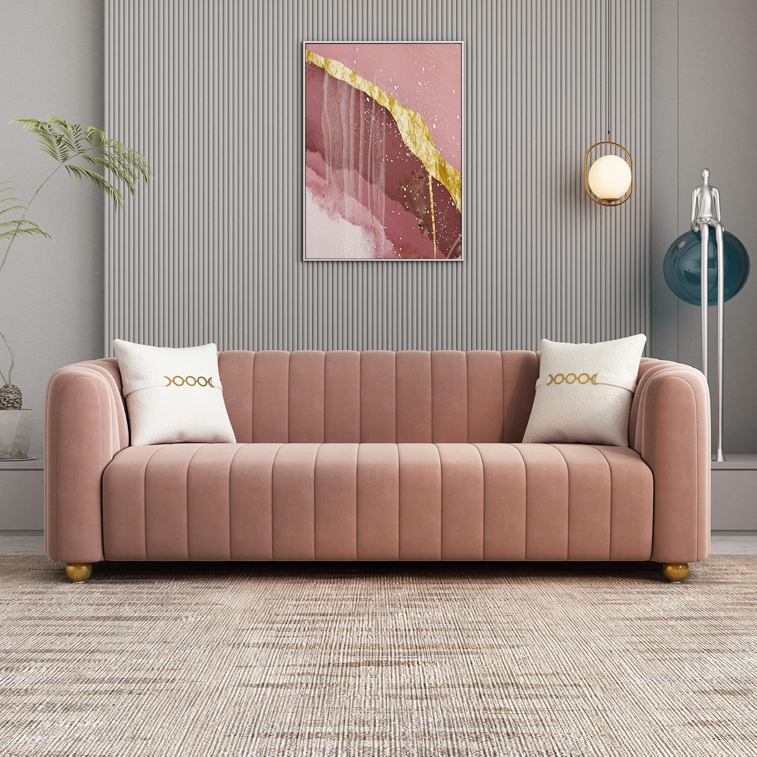 Modern 2-Piece Pink Velvet Sofa Set for Living Room, Tufted Curved Couch Set with Gold Metal Sphere Legs (Pink, 3+3 Set)