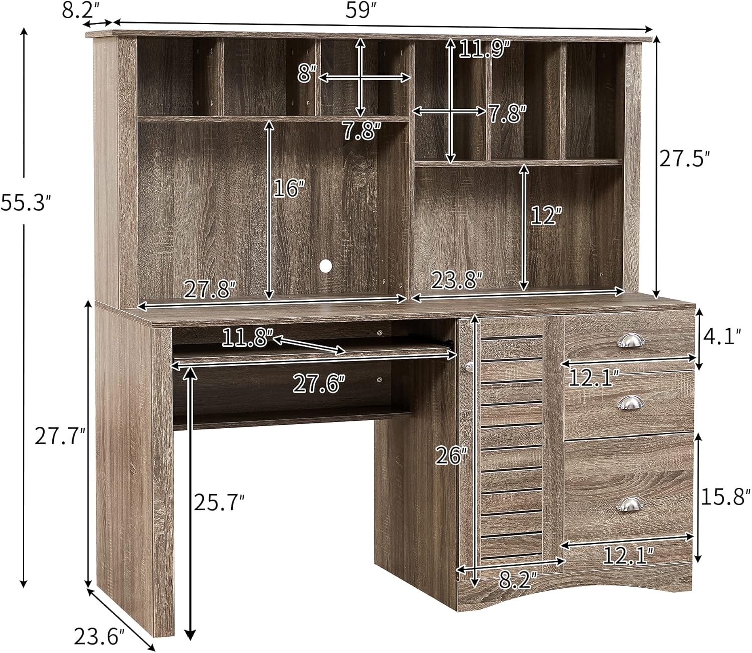 Merax Computer Desk with Hutch and Storage, Writing Workstation with Shelves and File Cabinet for Home Office Table, 59'' L x 23.6'' W x 55.3'' H, Brown