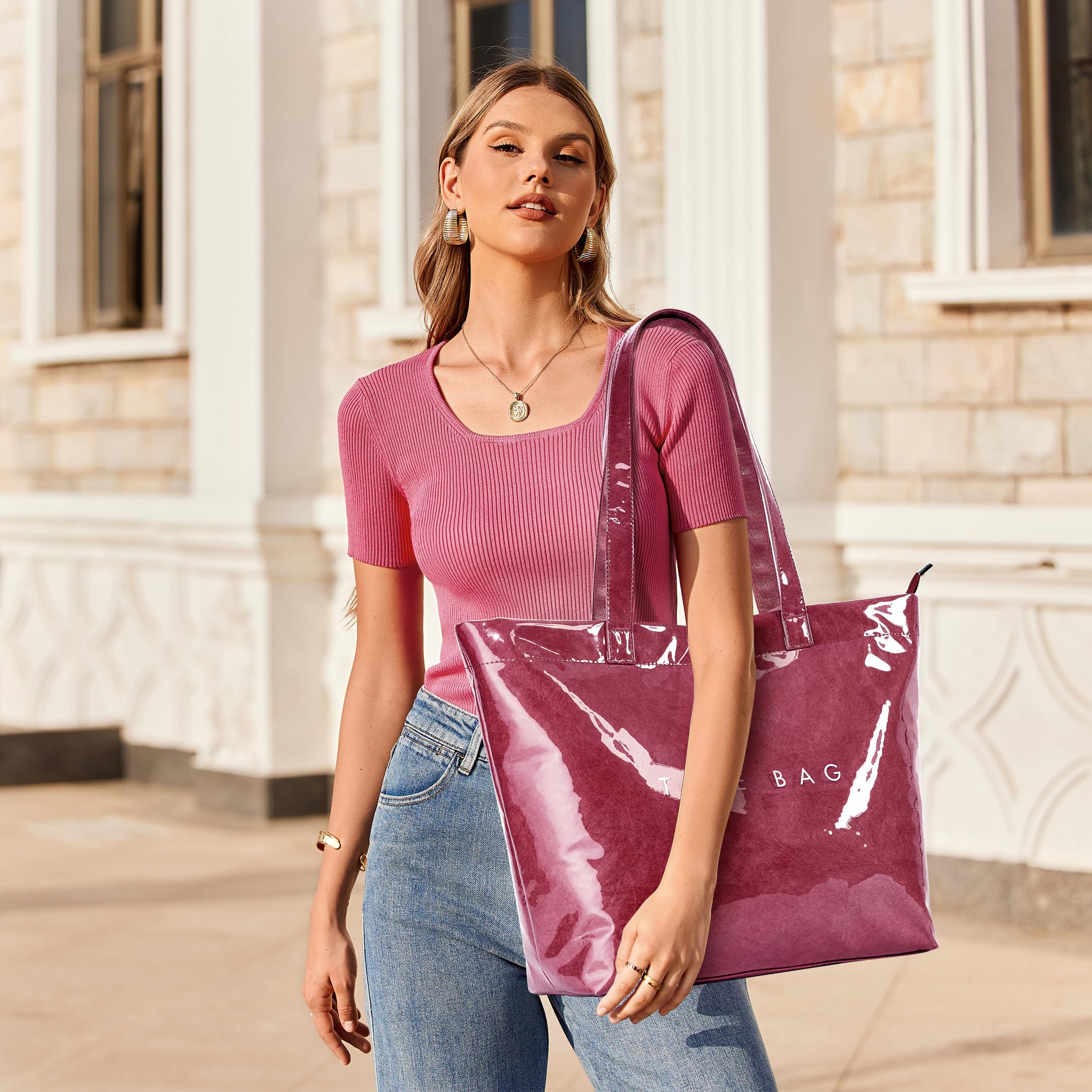 KALIDI Damen Shopper Tasche Transparent PVC Strandtasche Groß mit Reißverschluss Leicht Wasserabweisend Schultertasche für Sommer Strand Einkauf Arbeit Reise