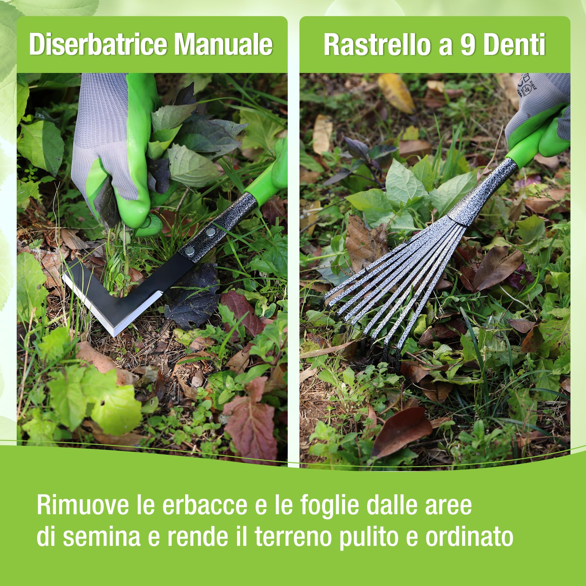 WORKPRO Set di 6 attrezzi da giardino con zappa a doppia estremità, artiglio a tre punte, rastrello a cinque denti, rastrello per foglie a nove denti, pala per terreno e gancio per erba, perfetto per