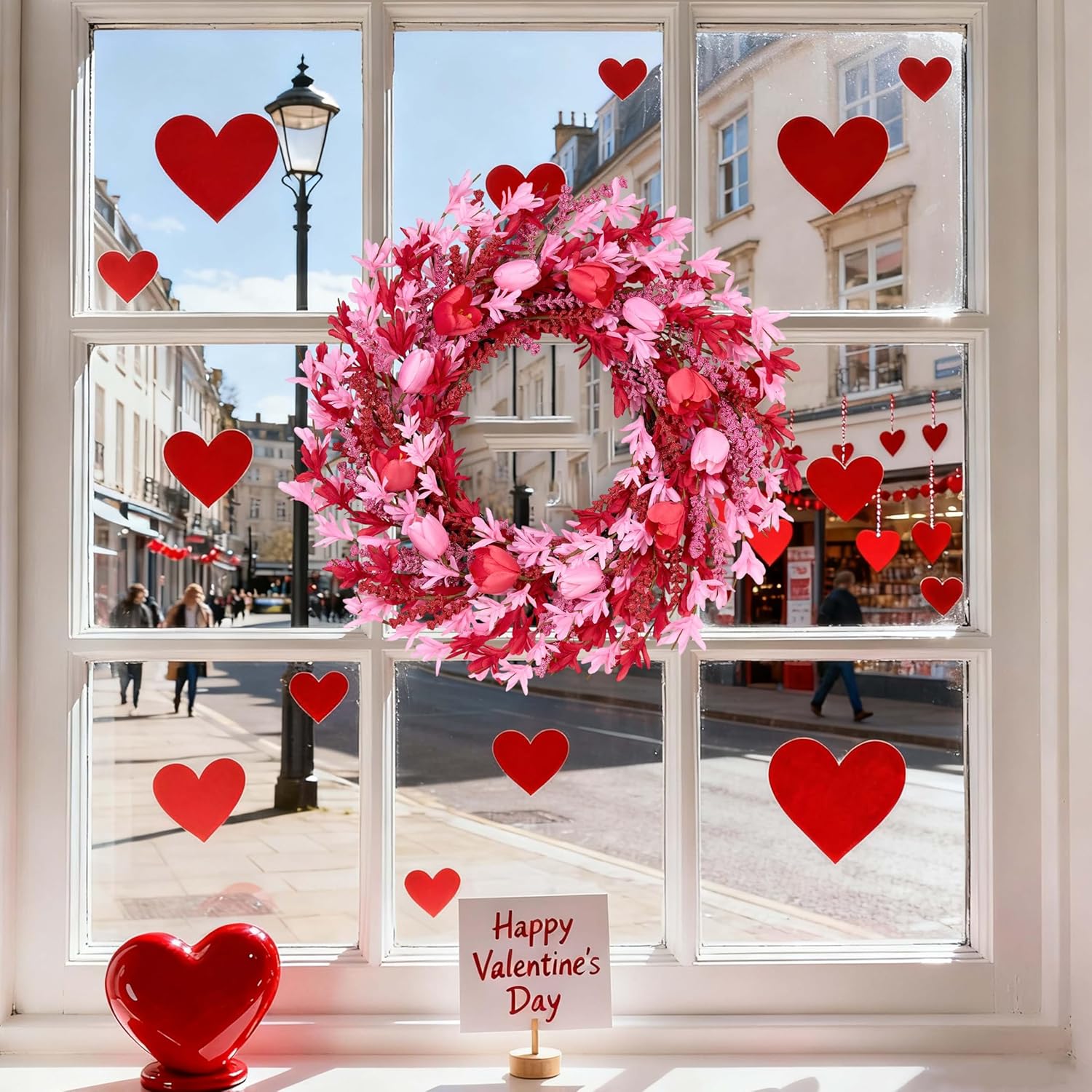 Valentines Day Decorations 22 Inch Valentine's Day Wreath Pink Flower Wreaths for Front Door with Red Tulip Pink Forsythia Flowers for Valentine Wedding Anniversary and Holiday Decorations - Image 5