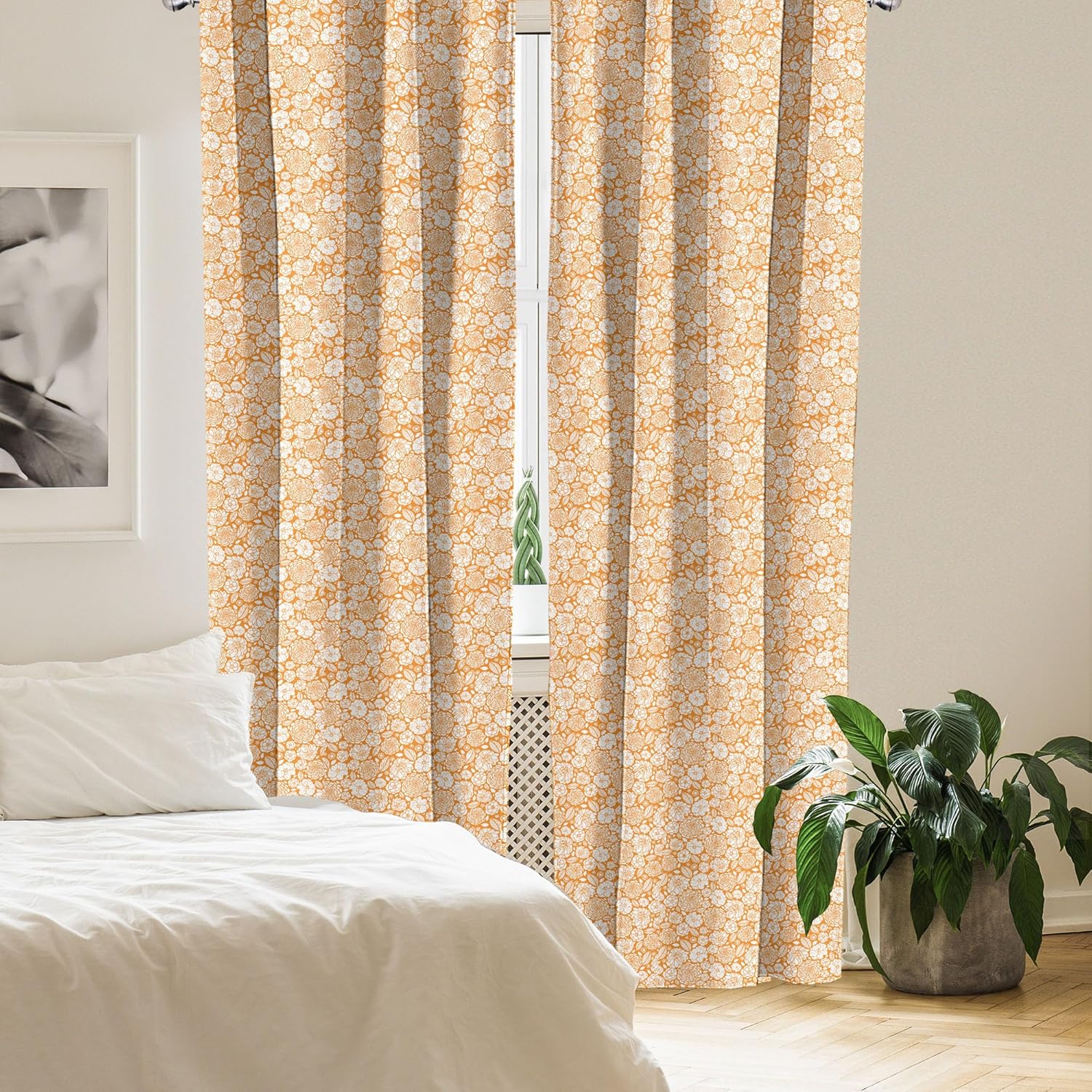 Ambesonne Floral Window Curtains, Spring Summer House Garden Field Outdoors with Floral Detailed Leaves Image, Lightweight Decor 2-Panel Set with Rod Pocket, Pair of - 28" x 95", Marigold White