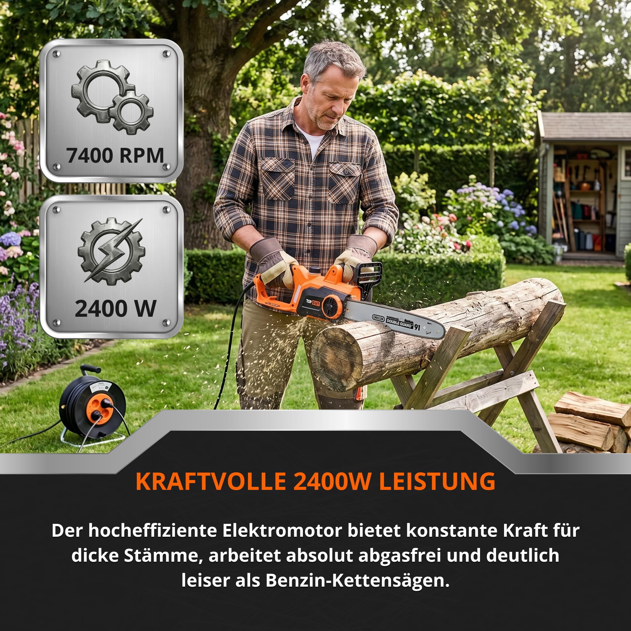 TOP CUT TC-CE-2400-O | Elektro-Kettensäge 2400W | Professionelles OREGON Schwert 40cm (16 Zoll) | Werkzeugloses SDS Kettenspannsystem Automatische Schmierung Kettenbremse 0.09s | Elektrische Säge