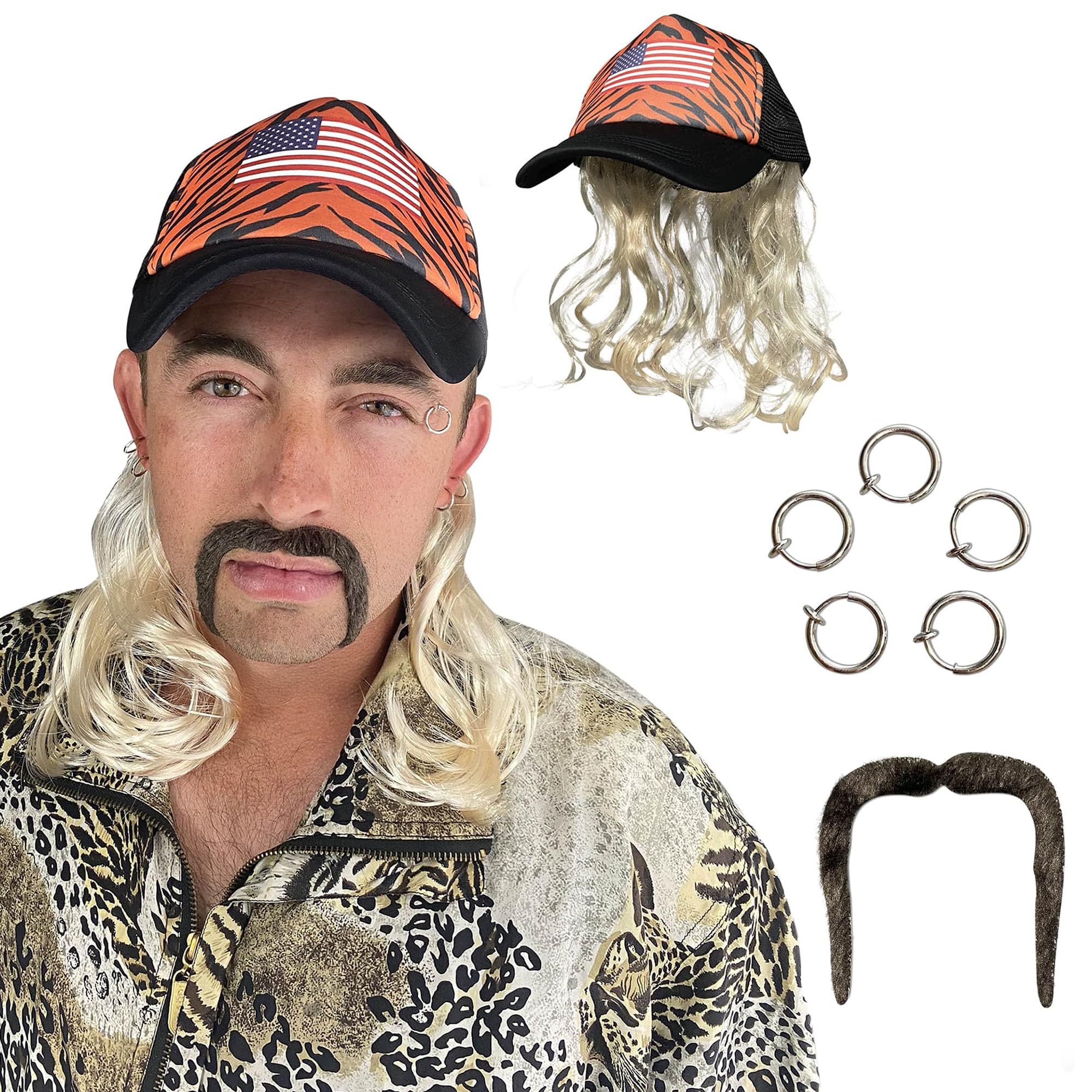 Watt's Wigs - Exotic Tiger Joe Costume Kit, Blonde Mullet Wig with Hat, Clip on Earrings, and Mustache - One Size Fits All
