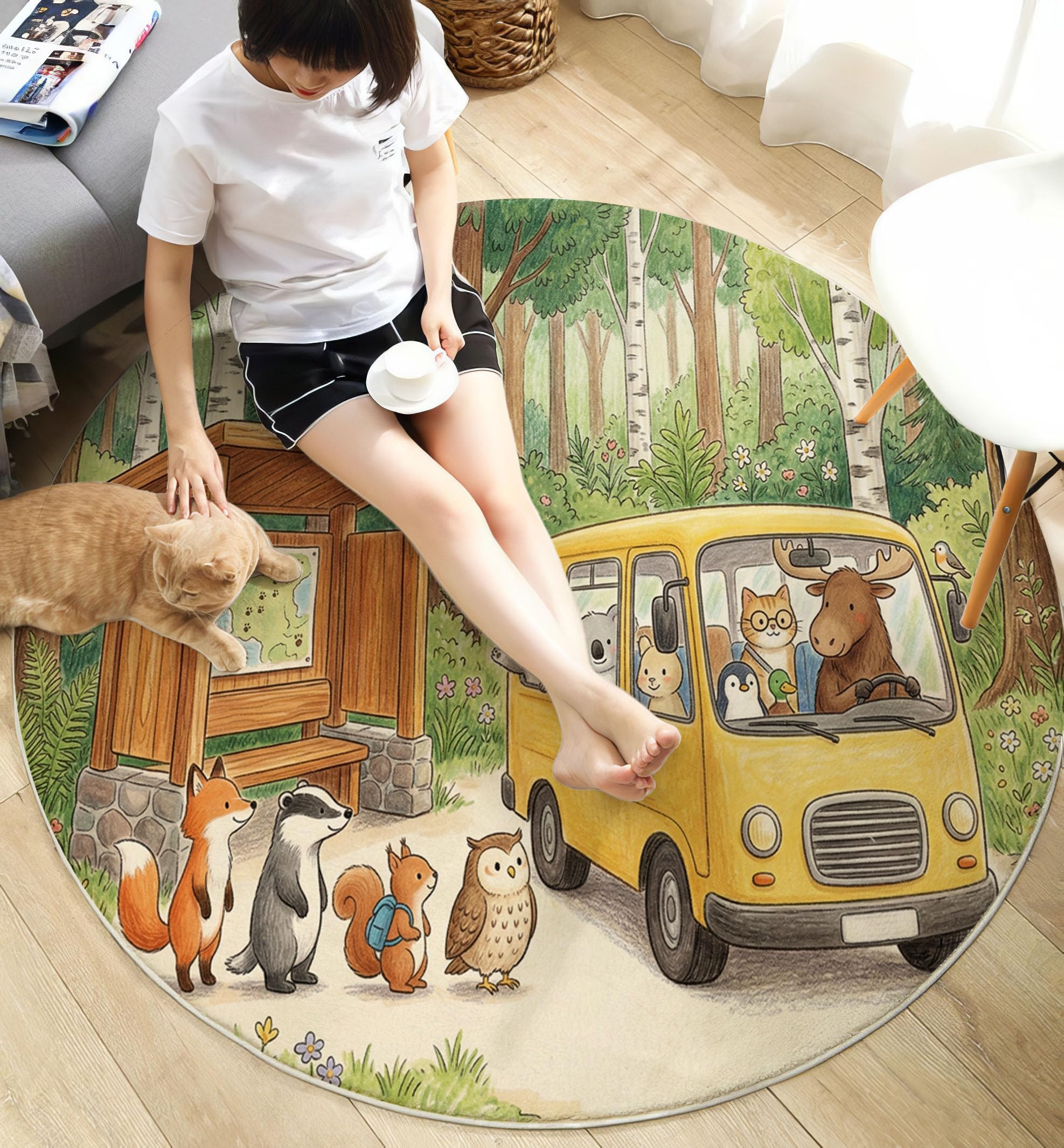 Tappeto Rotondo Bambini In Stile Fiaba Della Foresta Tappeto a Pelo Corto Fox Bus Antiscivolo, Lavabile In Lavatrice per Salotto, Cameretta dei Bambini, Dimensione: 140cm, Verde
