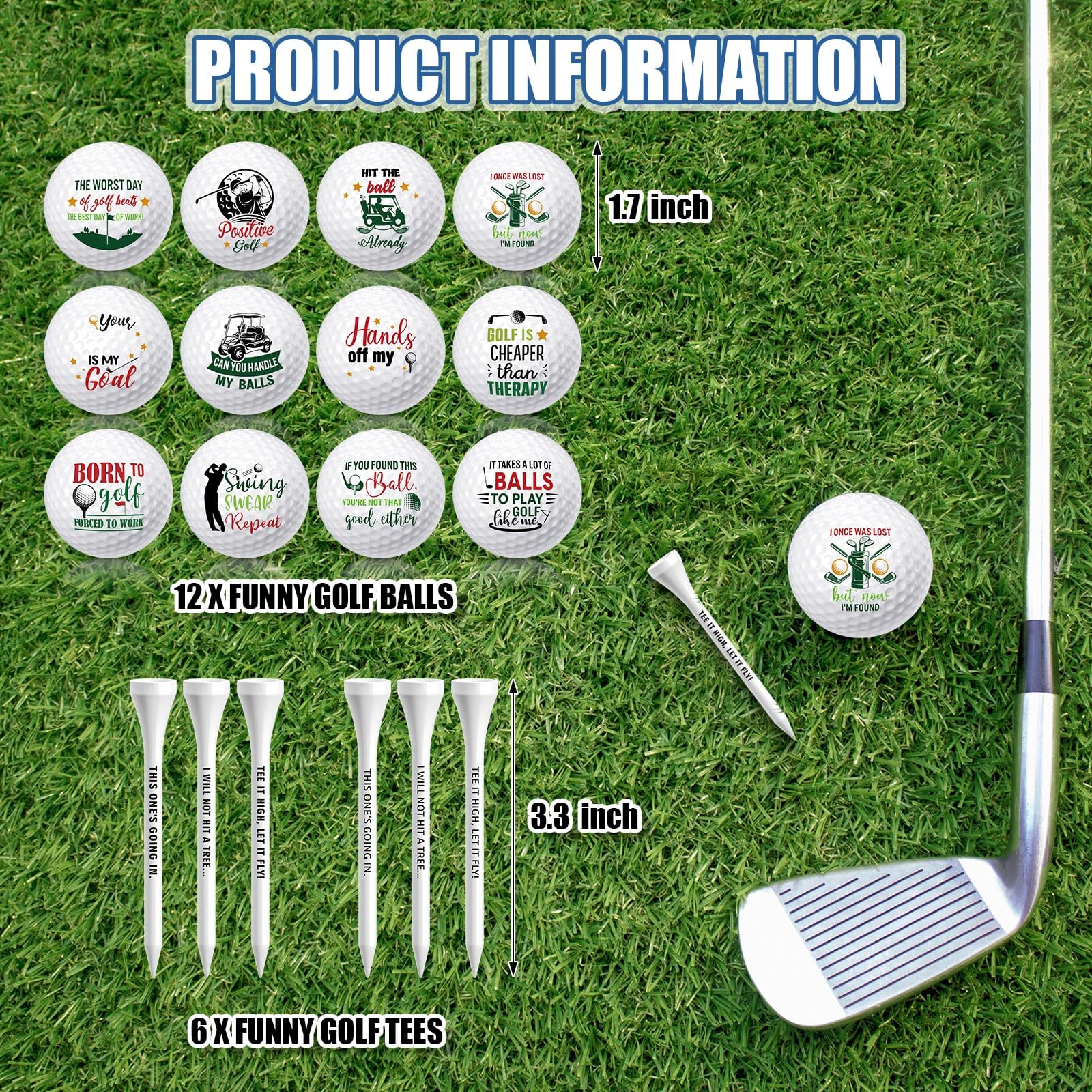 MiniInflat 18 Pcs Funny Golf Balls Gifts Set 12 Humor Golf Balls and 6 Tees for Men Women Coworkers Employees Golfers Birthday Retirement