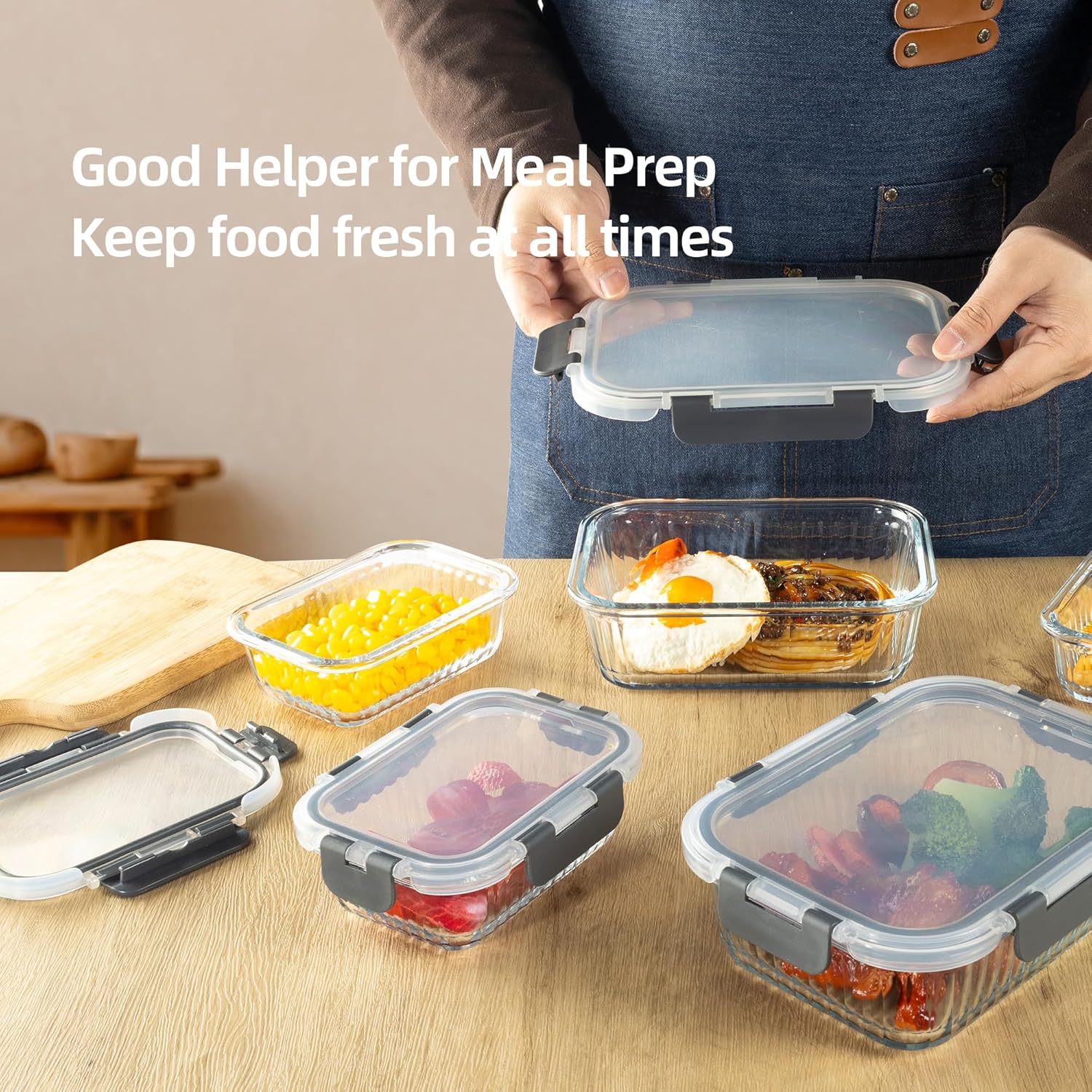 10-Pack Glass Food Storage Containers, 34Oz & 12Oz Borosilicate Glass Meal Prep Container Set with Airtight Lids, Leak-Proof Lunch Containers for Soup, Oven, Dishwasher, Freezer Safe, Grey