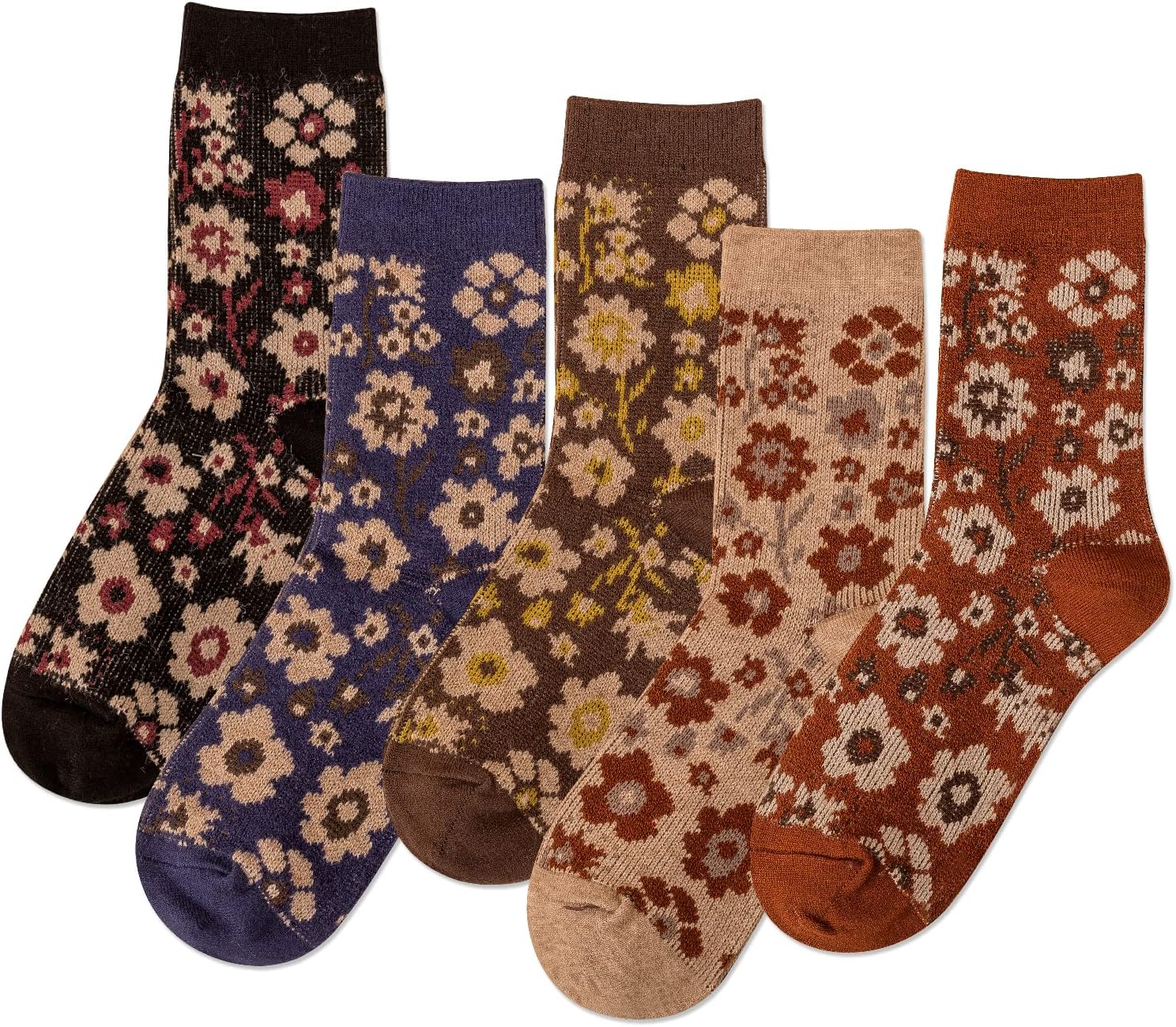 IIG 5 Pairs Womens Pretty Vintage Wool Socks Unique Print Design Soft Cozy Warm Crew Socks Christmas Gift