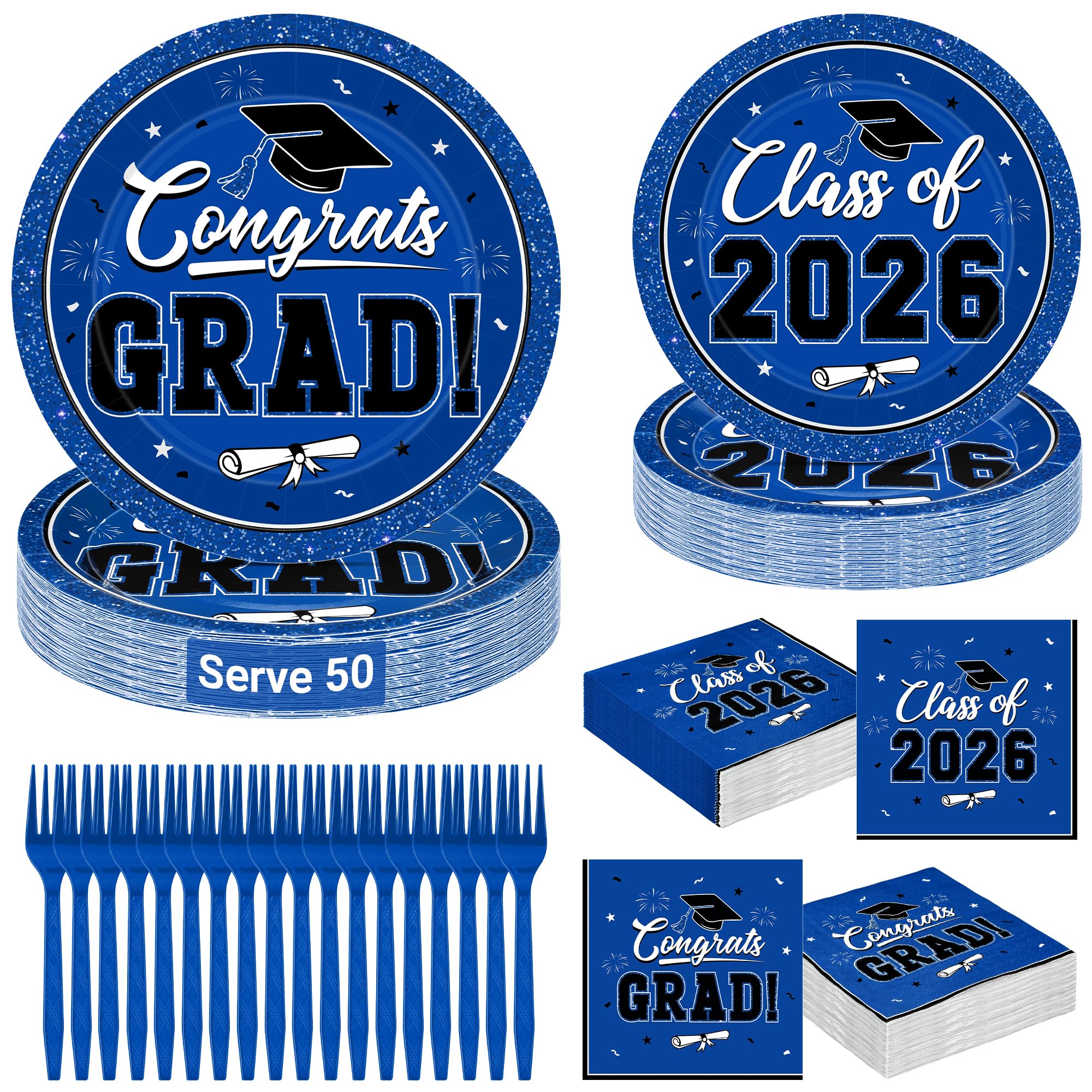 200Pcs Graduation Decorations 2026, Blue Graduation Plates and Napkins Party Supplies for 50 Guests, Disposable Grad Plates, Napkins, Dessert Plates and Forks for Grad Decor Wedding Birthday Supplies