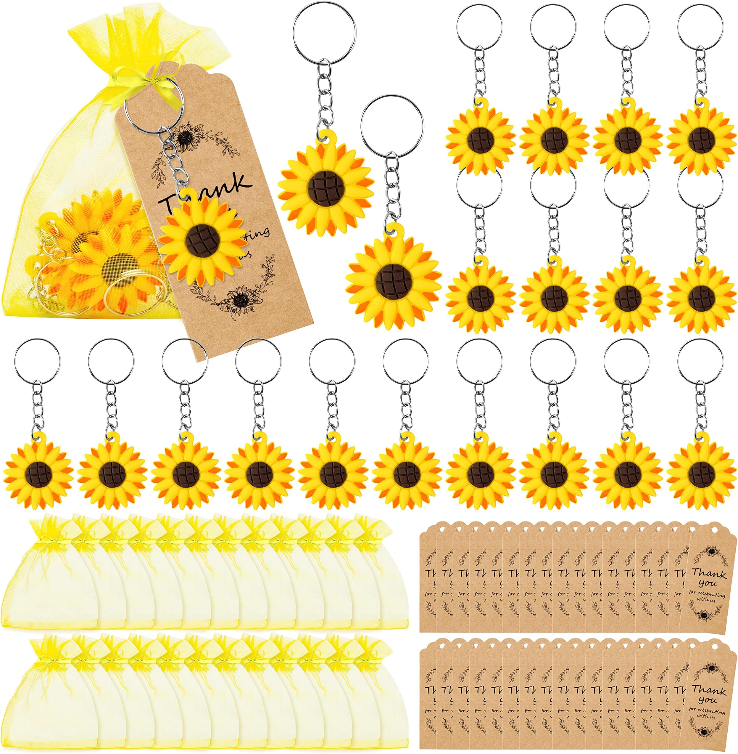 OSNIE 60 Pcs Sunflower Party Favors Include Keychains Organza Bags Thank You Kraft Tags, Cutie Sunflower Ornament Keychains Pendants Hanging Return Gifts for Spring Birthday Bridal Wedding Baby Shower
