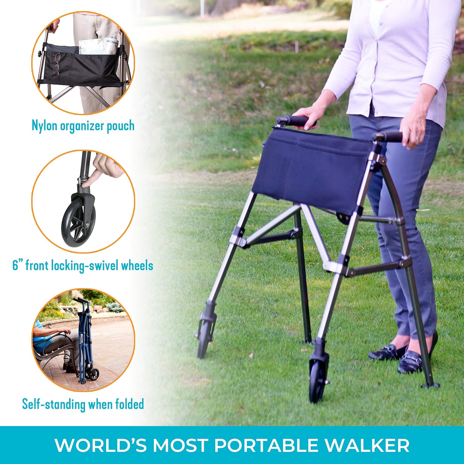 Stander EZ Fold-N-Go Walker, Lightweight Folding Mobility Rolling Walker for Seniors and Adults, 6-inch Wheels, Ski Glides, and Organizer Pouch, Regal Rose : Everything Else