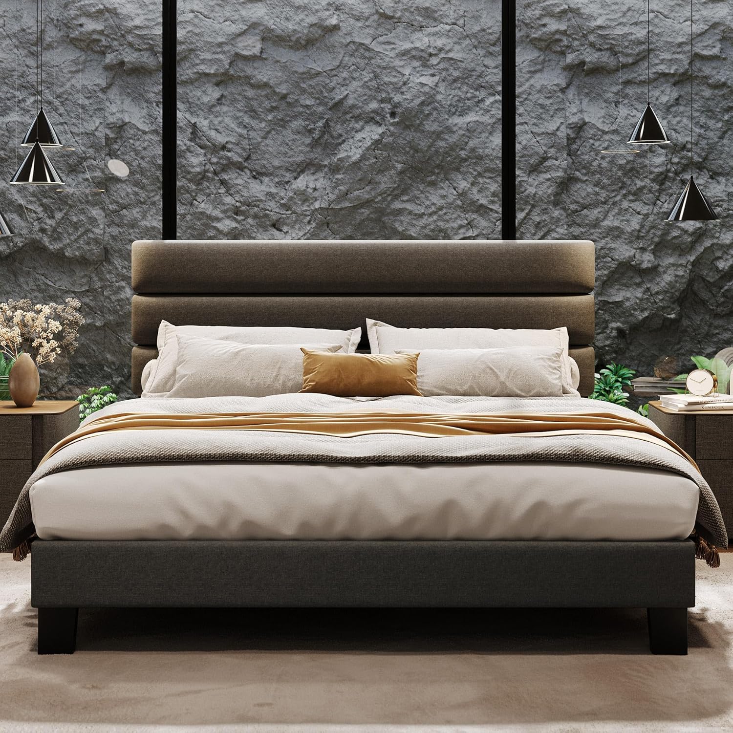 CABIHOME King Bed Frame Platform Bed with Linen Fabric Upholstered Adjustable Headboard and Wooden Slats Support, Heavy Duty Mattress Foundation, No Box Spring Needed, Easy Assembly, Dark Grey