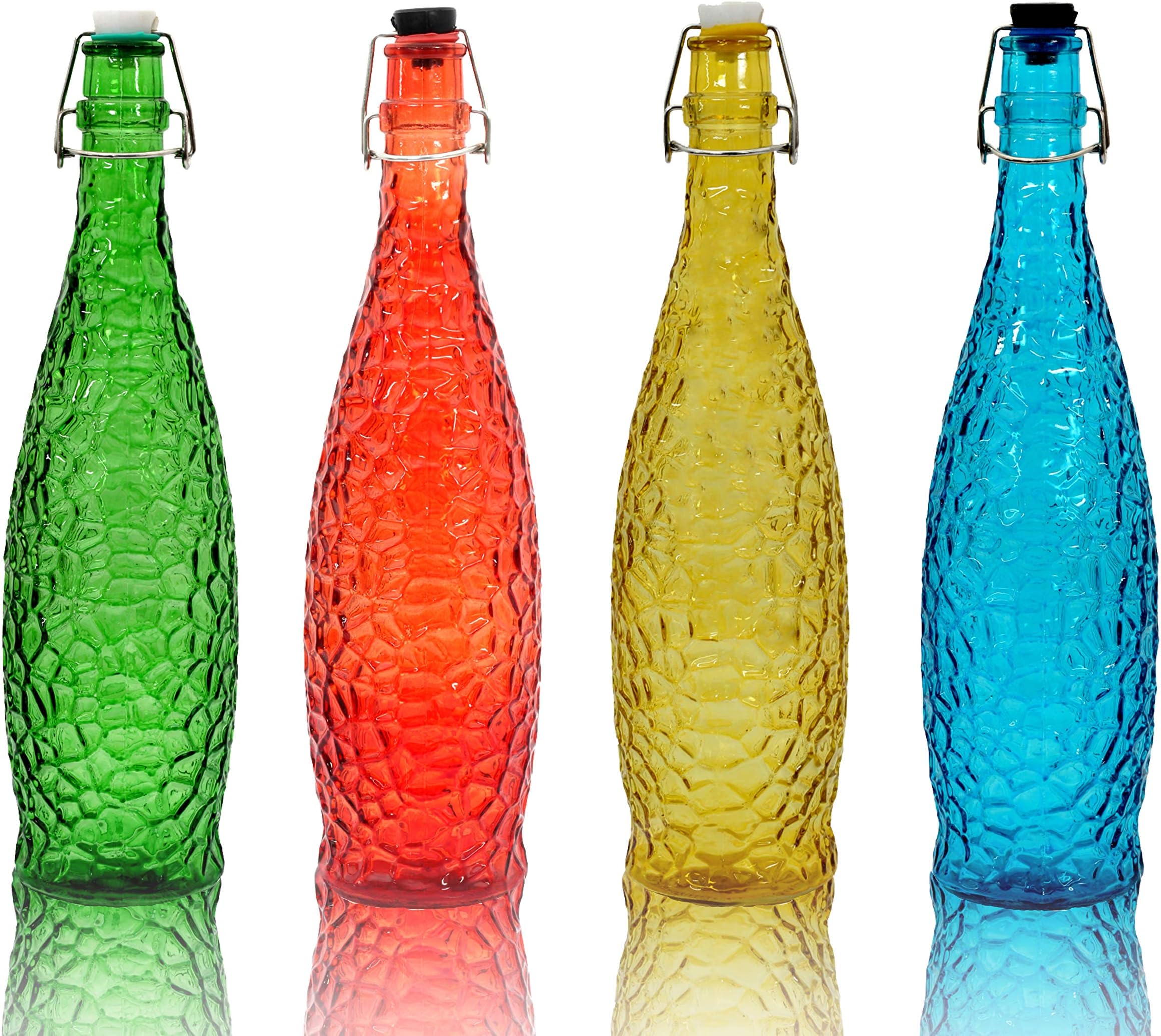 Hawtkart Glass water bottles with air tight cap, Multicolour , 1000ml, pack of 4.