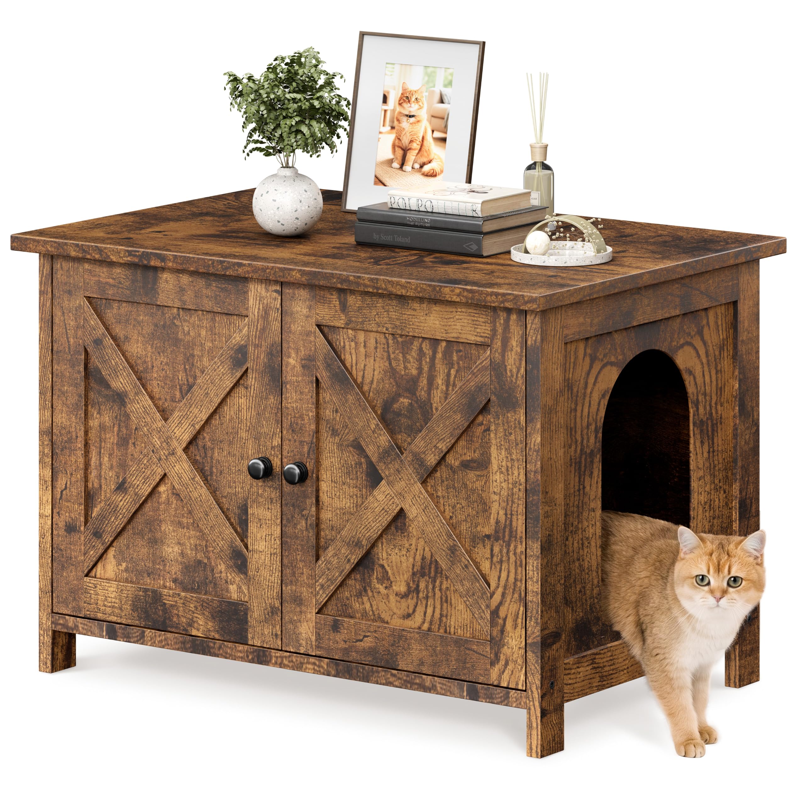 Shintenchi Cat Litter Box Enclosure, Litter Box Furniture Cabinet Hidden with Removable Divider, Wooden Cat House with End Table, Brown, 31.5 inch