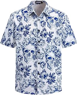 Men's Floral Skull Print Short Sleeve Button Down Shirt