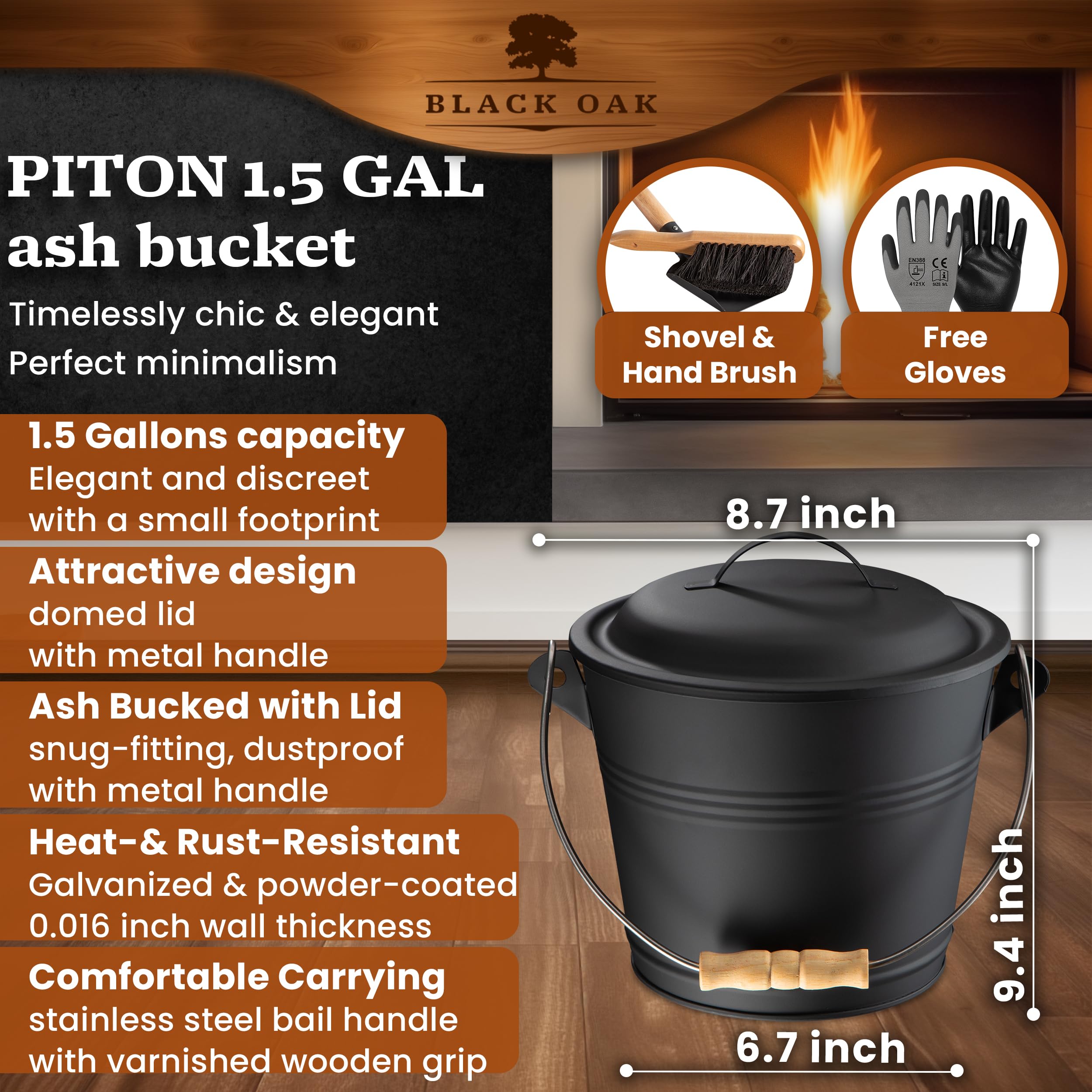 BLACK OAK Secchio per cenere da 1,5 litri, nero con coperchio con manico in legno + spazzola, pala e guanti, 5 l, grande secchio in acciaio zincato a prova di fuoco e verniciato a polvere, pellet per