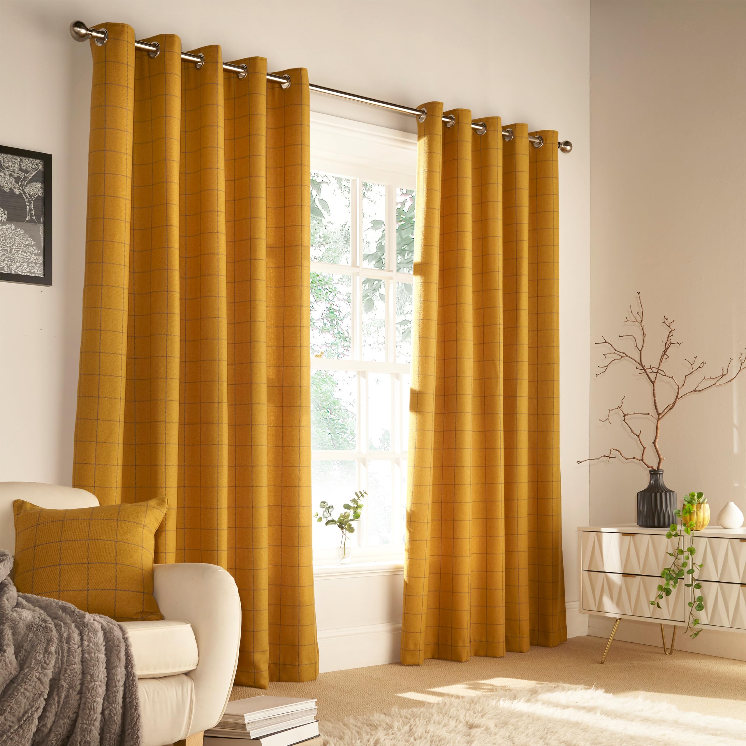 Furn. Ellis Check Pattern Eyelet Curtains Unisex Ochre Size W168 X D183cm
