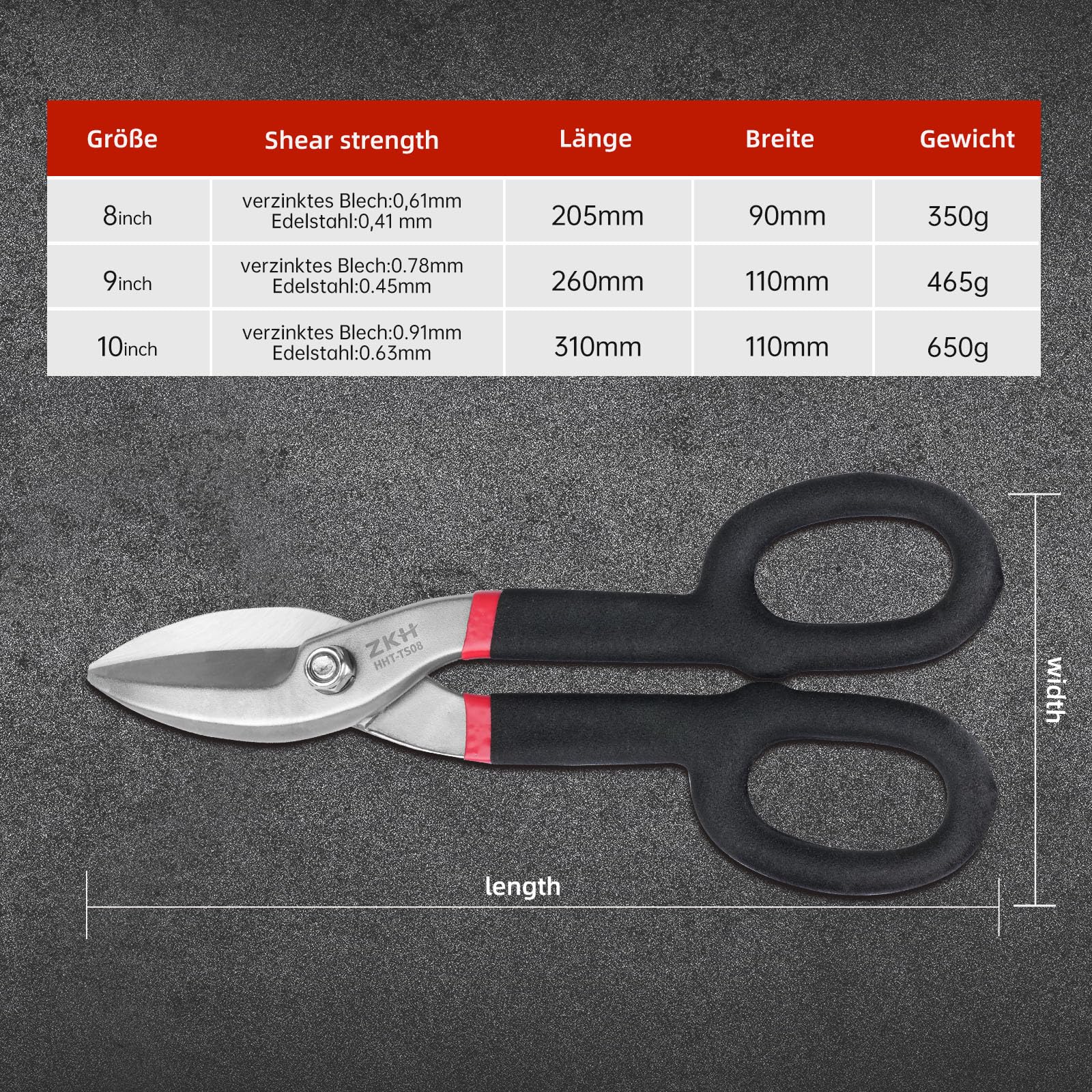 Forbici per lamiera dritte 250 mm ZKH utensili per taglio lamiera alluminio pelle rame plastica