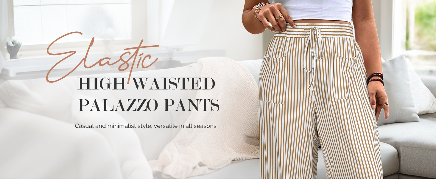 Eytino Womens Plus Size Striped Wide Leg Pants Elastic High