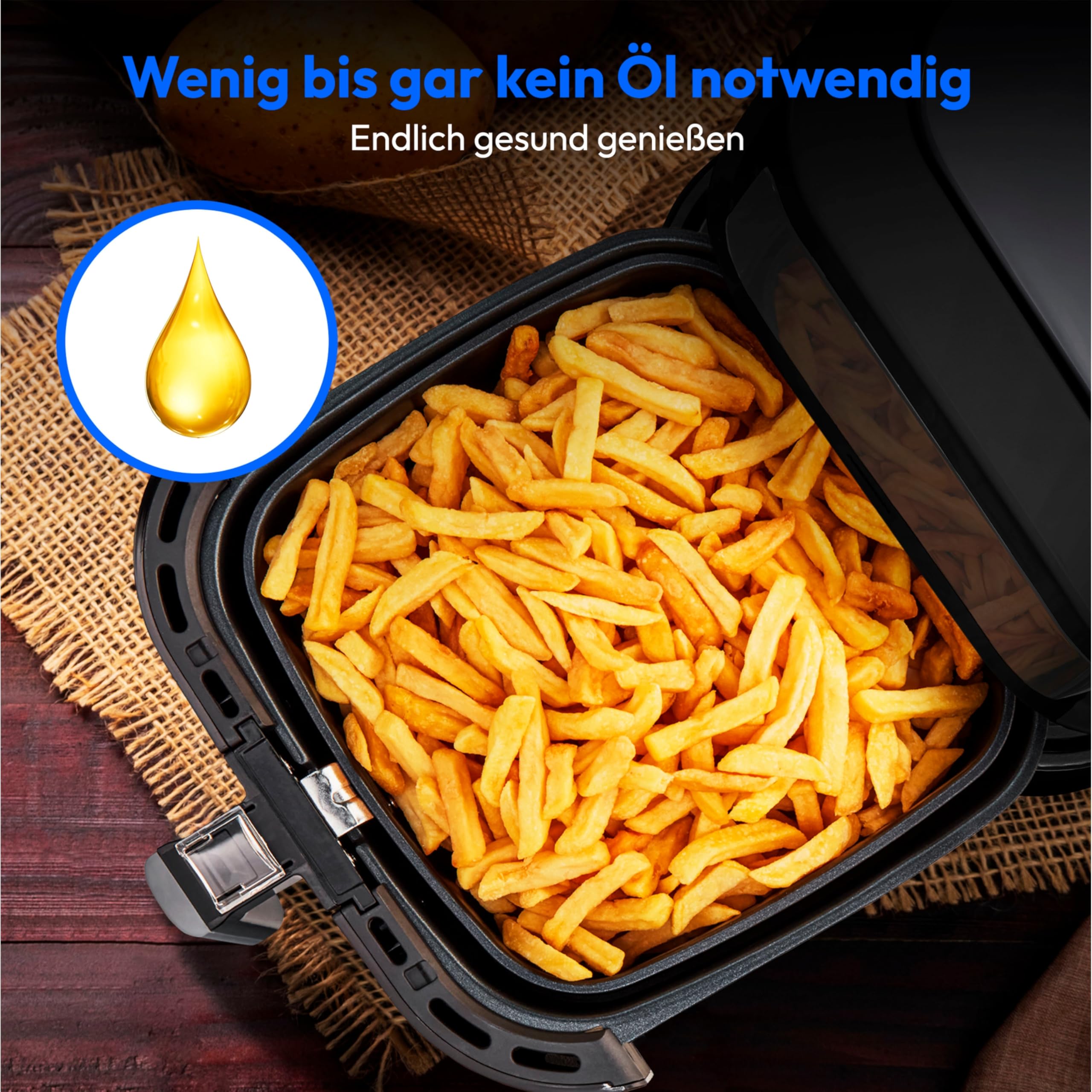 MEDION E40 XL Heißluftfritteuse (5,2 Liter, Airfryer, 2.150 Watt, 9 Automatikprogramme, Backfunktion, ölfreies Frittieren, Touch Bedienfeld, LED Anzeige, MD 11740) schwarz